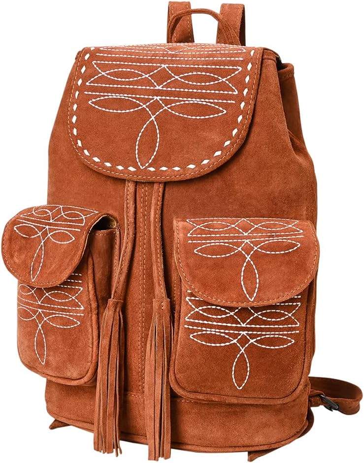 American Darling Western Leather Backpack Bag with Genuine Suede Body, Hand-Stitched Details, Multiple Pockets, YKK Hardware