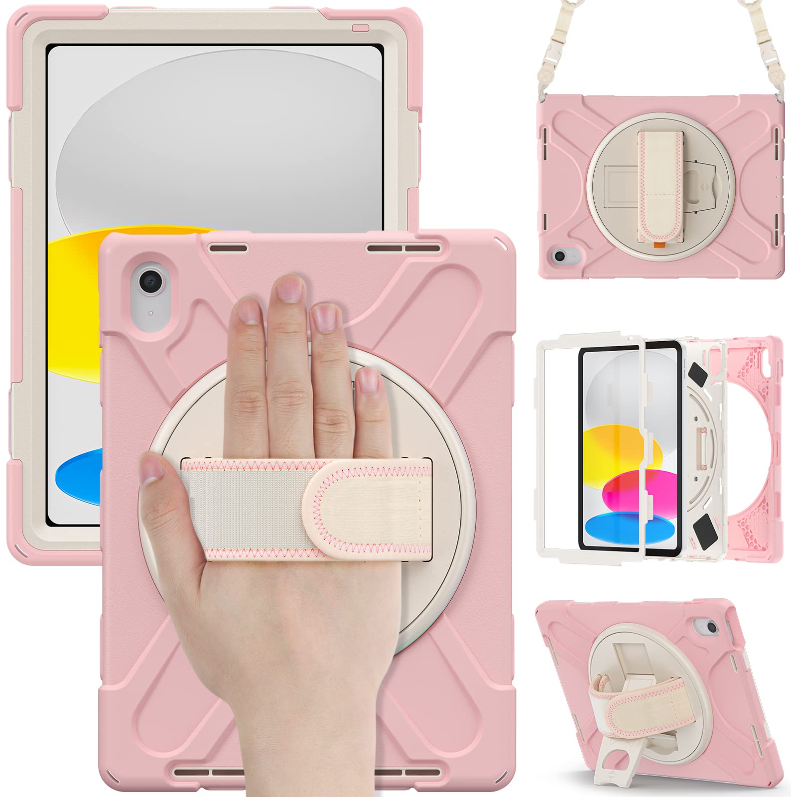 Moogukadan iPad A16 第11世代/iPad 10 第10世代 10.9インチ用のケース 斜め掛け カラフル 360°回転 スタンド ショルダーストラップ ハンドベルト ペンホルダー付き 頑丈 耐衝撃 シリコン カバー キッズ, ピンク