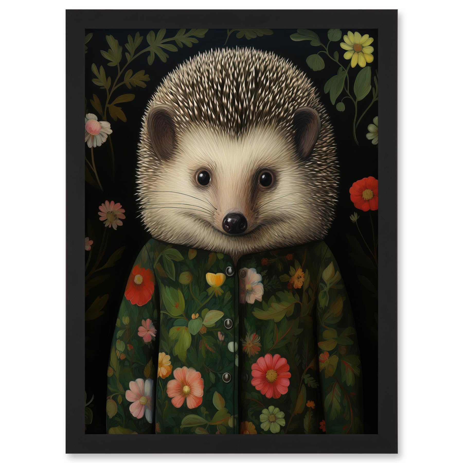Artery8 Hedgehog in Hedgerow Floral Jacket Cute Kids Bedroom Artwork Framed A3 Wall Art Print