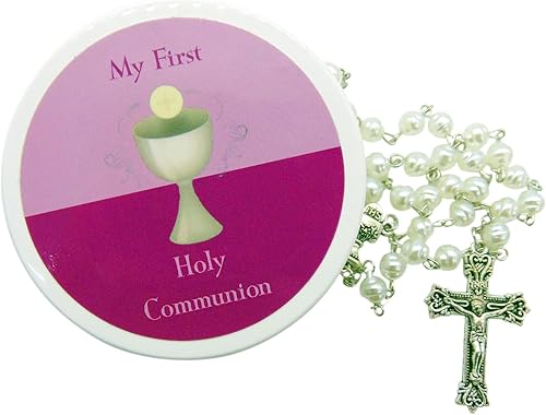 Westmon Works Juego de rosario de My First Holy Communion con cuentas de vidrio y crucifijo de metal en una funda protectora con tarjeta santa a