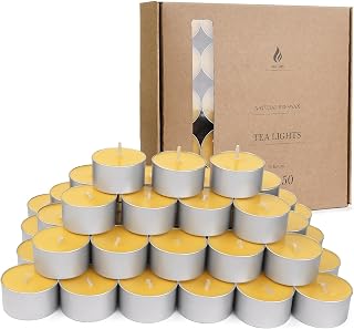 50-Pack Pure Beeswax Tealight Candles, Aluminum Cups, Approx. 6H Burn | Natural Honey Aroma, Lead-Free Cotton Wicks, Dripless & Smokeless, Non-Toxic, Air Purifying, Unscented, Home & Events
