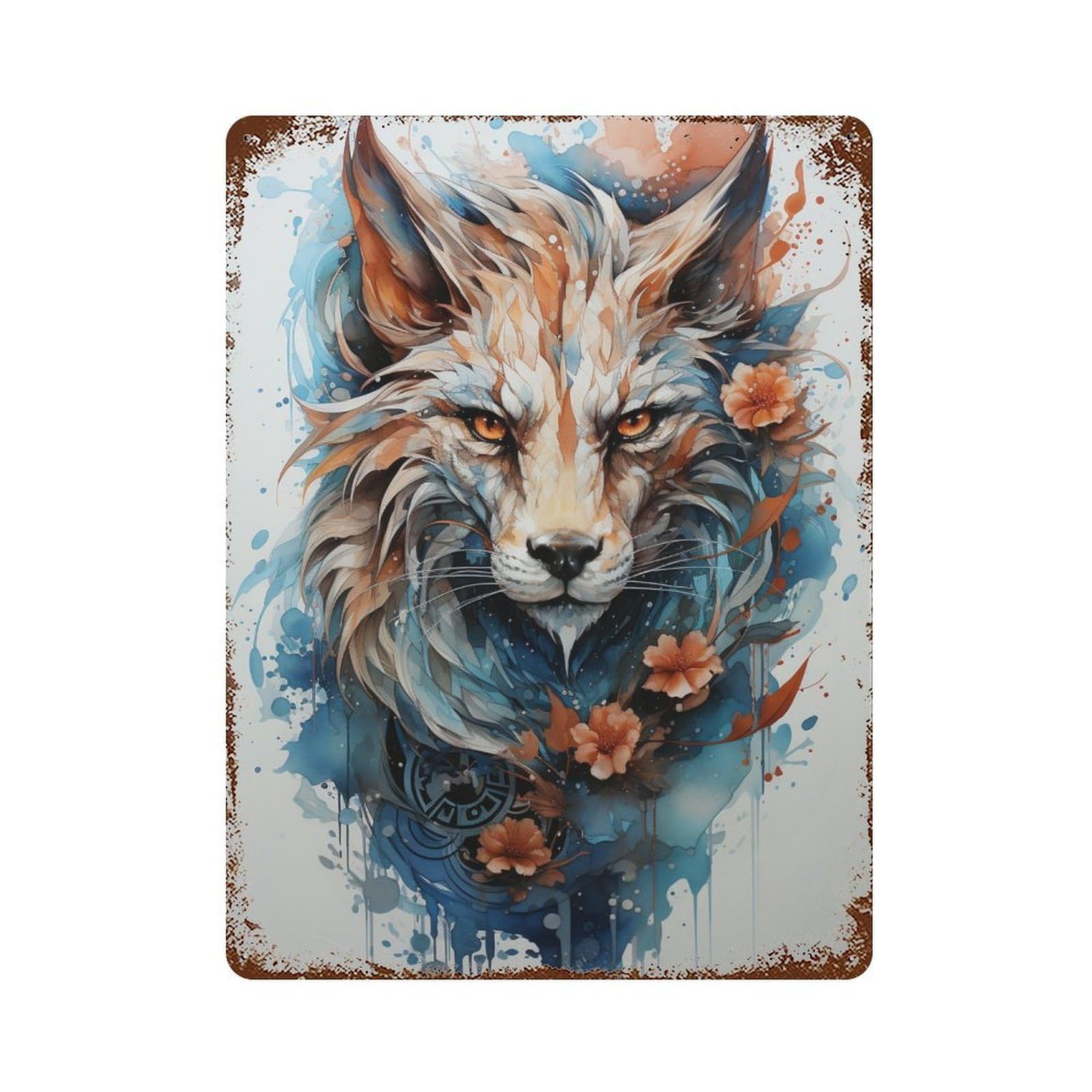 Fox Spirit Watercolor Art Print Distressed Metal Wall Sign 15.7"x11.8", Industrial Home Decor for Garage, Pub Or Kitchen