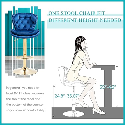Miniatura 33 de SLEERWAY Juego de 2 taburetes de bar giratorios modernos, sillas de bar de terciopelo para mostrador de cocina, taburetes de bar dorados, taburetes