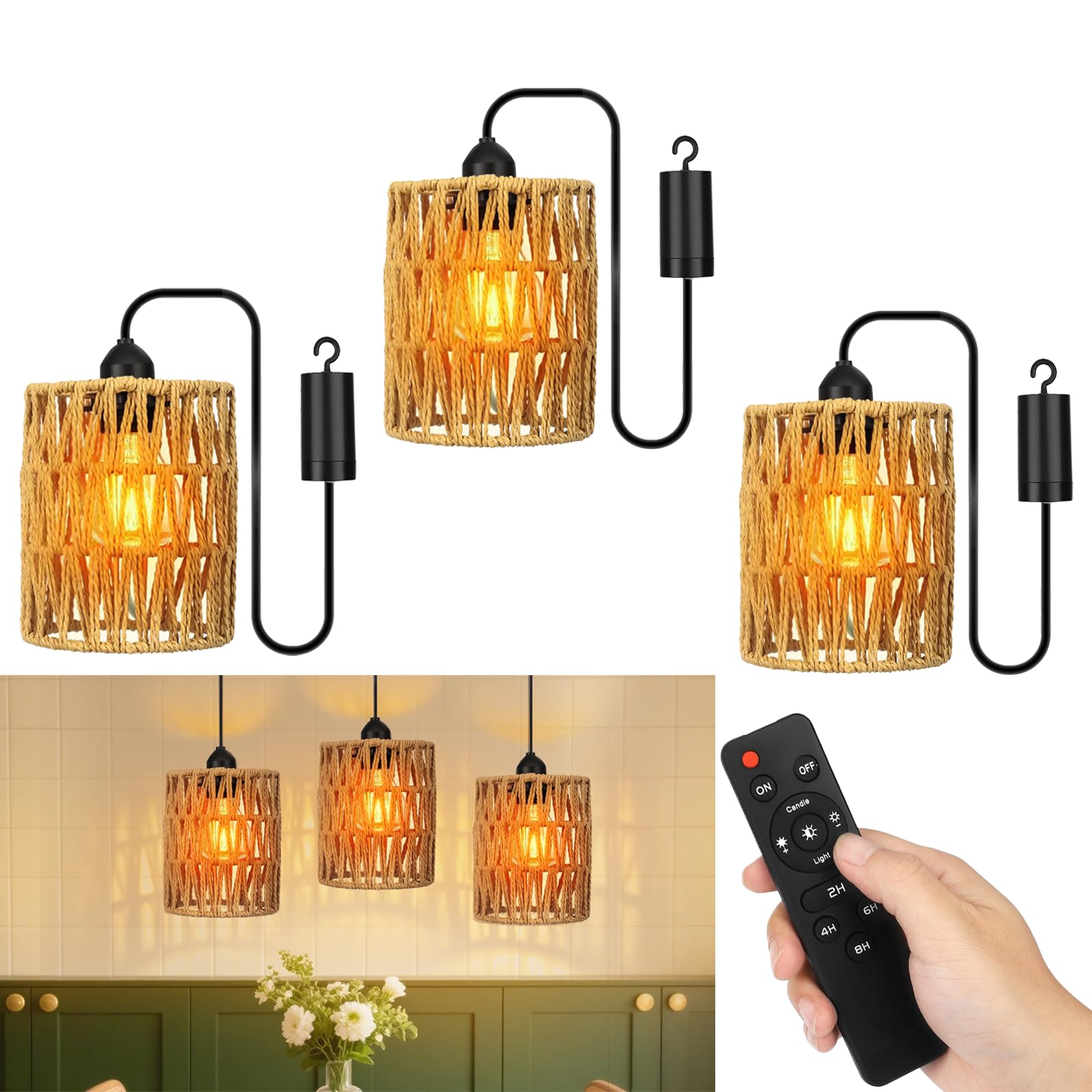 Rattan Hängelampe mit Batterie 3pcs, E27 Retro Pendelleuchte mit Dimmbar Schalter, Vintage akku Hängelampe, Boho Lampe, Indoor/Outdoor Hängeleuchte für Schlafzimmer Foyer Balkon