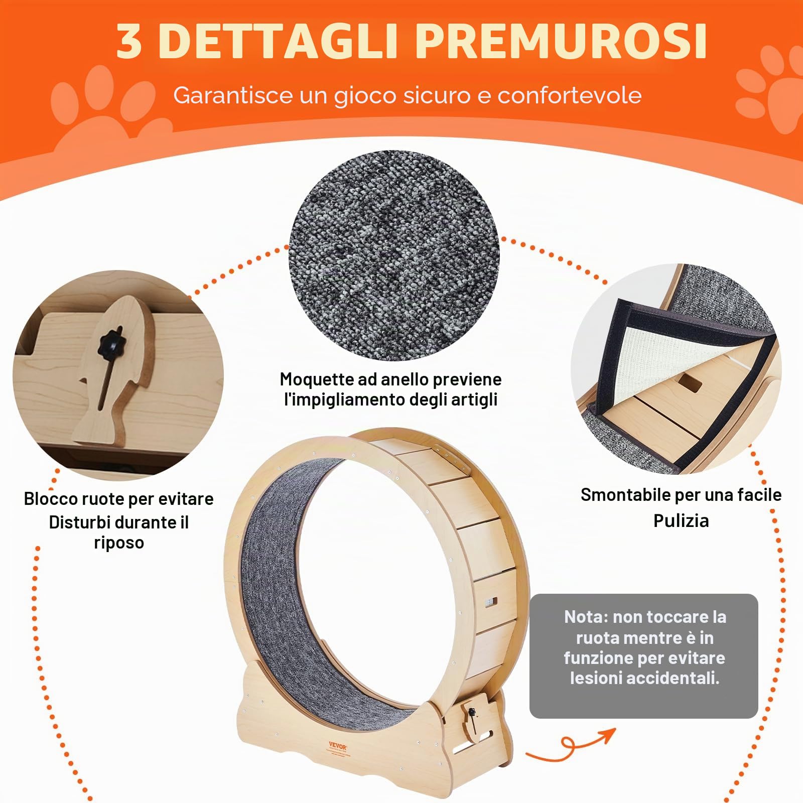 VEVOR Ruota per Esercizi per Gatti, Ruota per Tapis Roulant per Gatti da Interno, Ruota da Corsa da 910 mm con Tappeto Staccabile e Teaser per Gatti per Allenamento, Adatta alla Maggior Parte