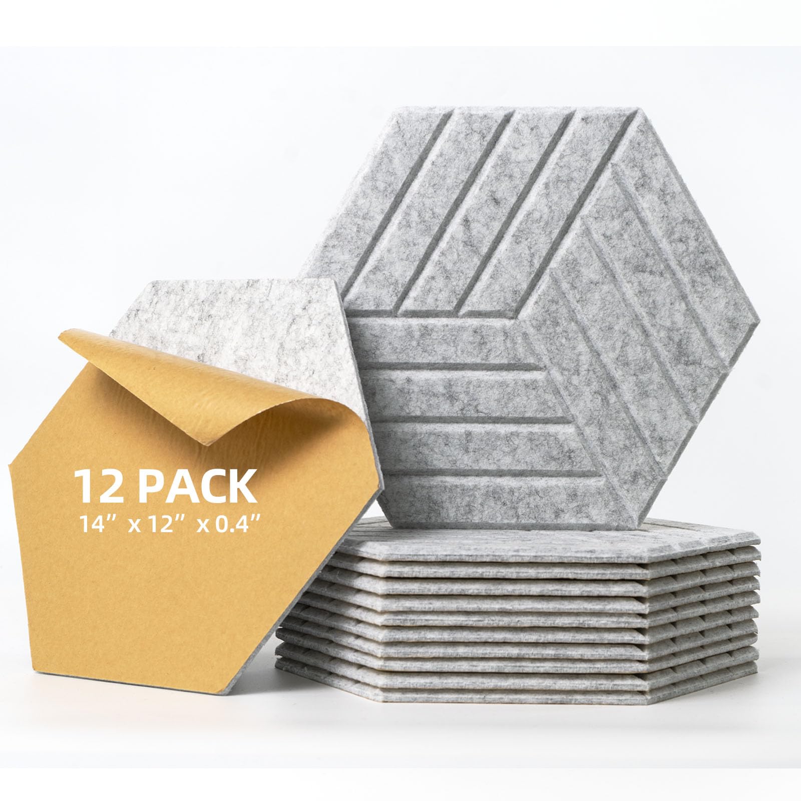 12 Pack Hexagon Acoustic Panels Self Adhesive - 14" X 12" X 0.4" Acoustic Wall Panels Sound Absorbing High Density Soundproof Foam Acoustic Treatment Tiles for Home Studio Office （Sliver Gray）