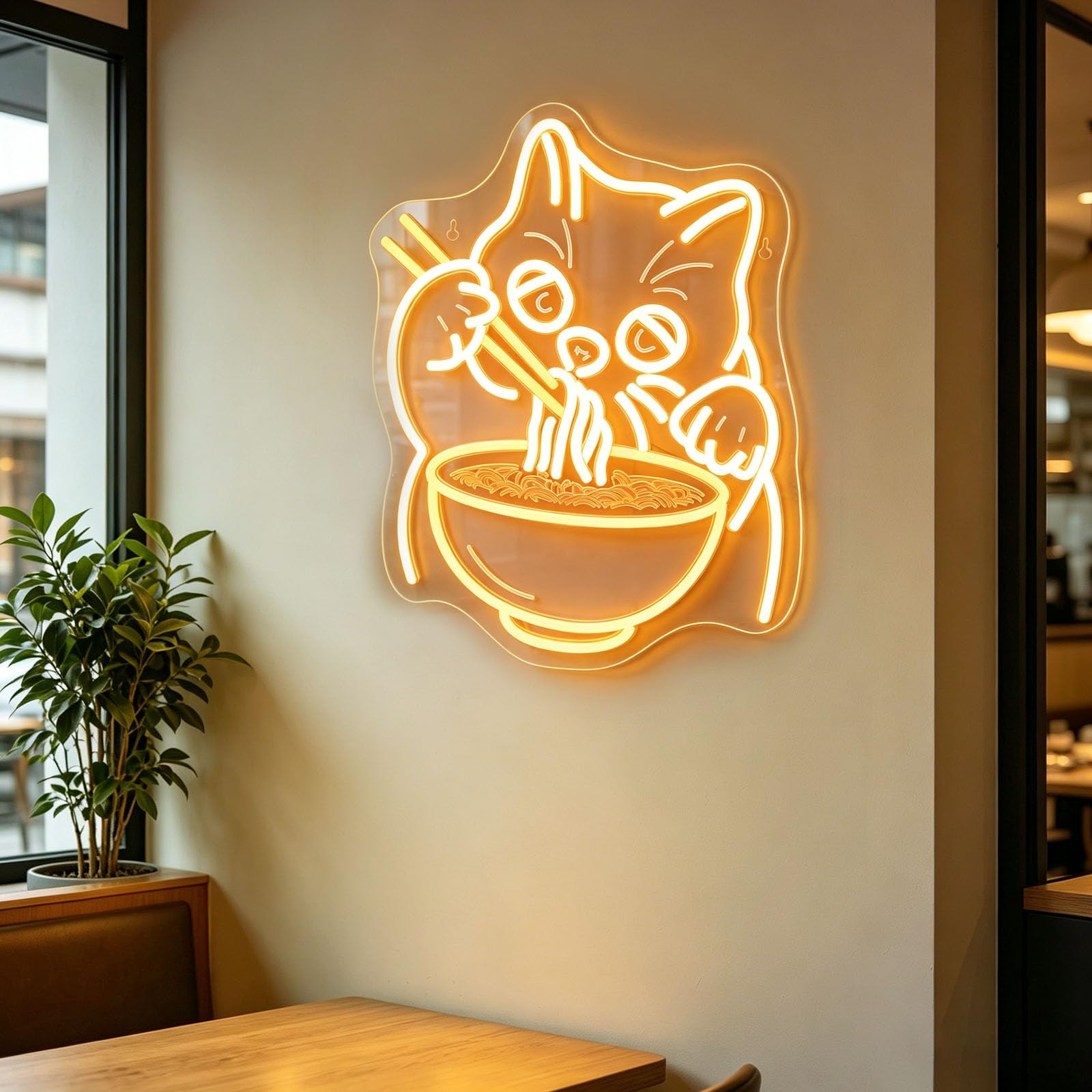 Eating Cat LED Neon Sign Noodle Loving Kitty Themed Neon Light Up Signs Artistic Night Lights for Lamian Noodles Shop Japanese Restaurant Food Festival Cat Themed Homestay(9.06"×16.54")