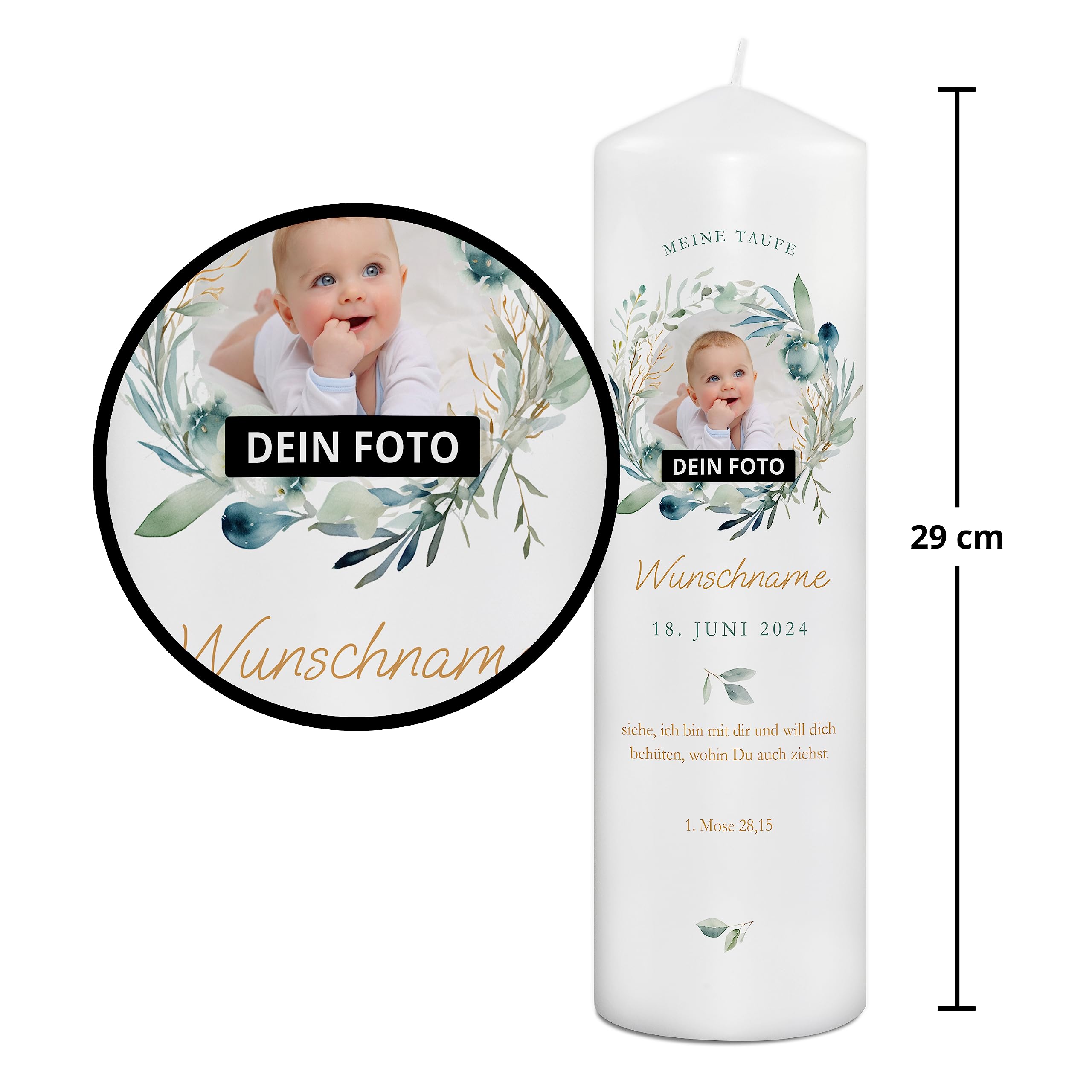 PhotoFancy® - Personalisierte Taufkerze mit eigenem Namen und Foto bedrucken lassen - Tauf-Kerze selbst gestalten - 29 cm Höhe - Design 'Olivenkranz' mit Foto