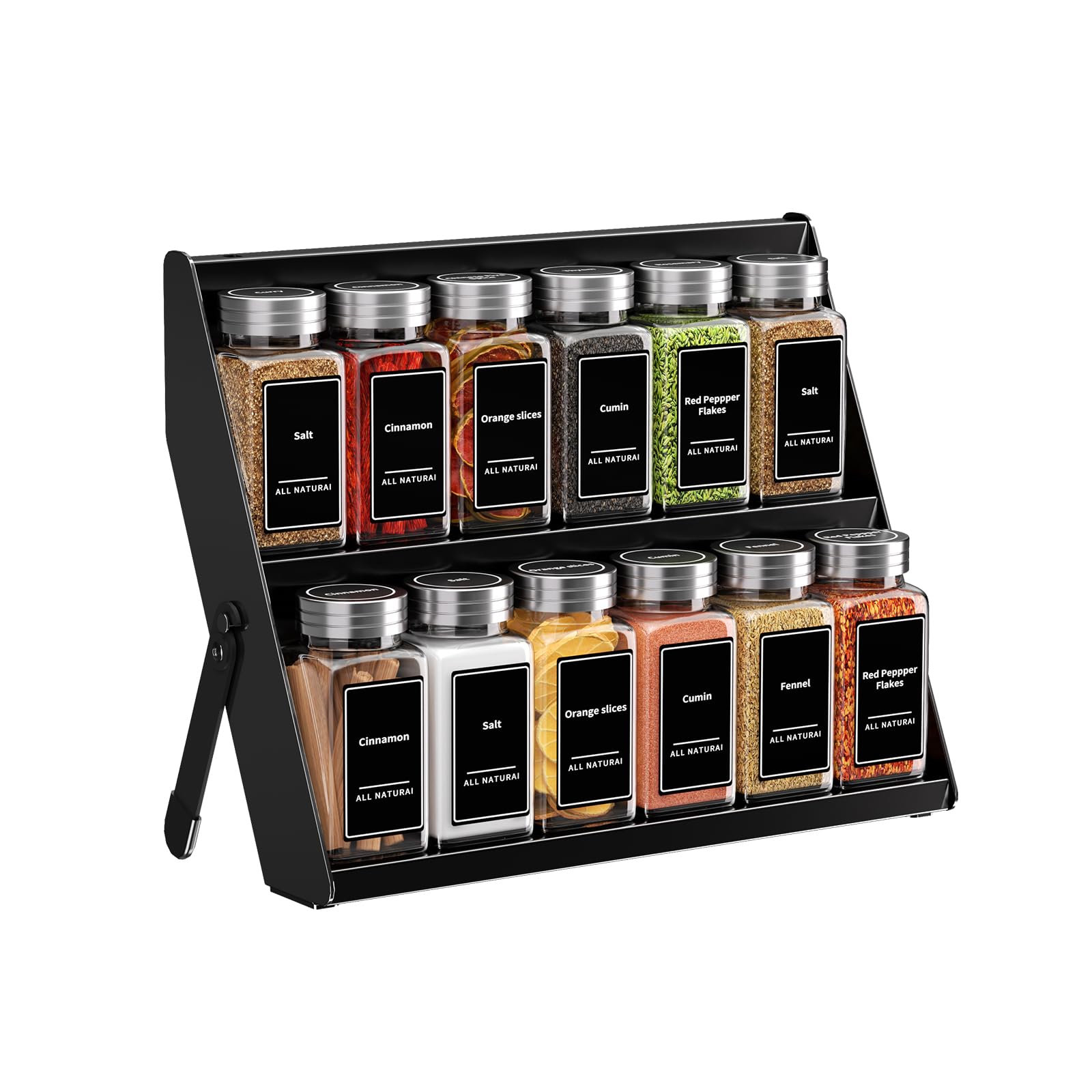 Gewürzregal Schublade 2 Etagen, Küchen Organizer schublade für Gewürzgläser, Gewürz Organizer Schublade verstellbar Schubladen Ordnungssystem von 32cm bis 55cm, Spice rack für Gewürze Schwarz