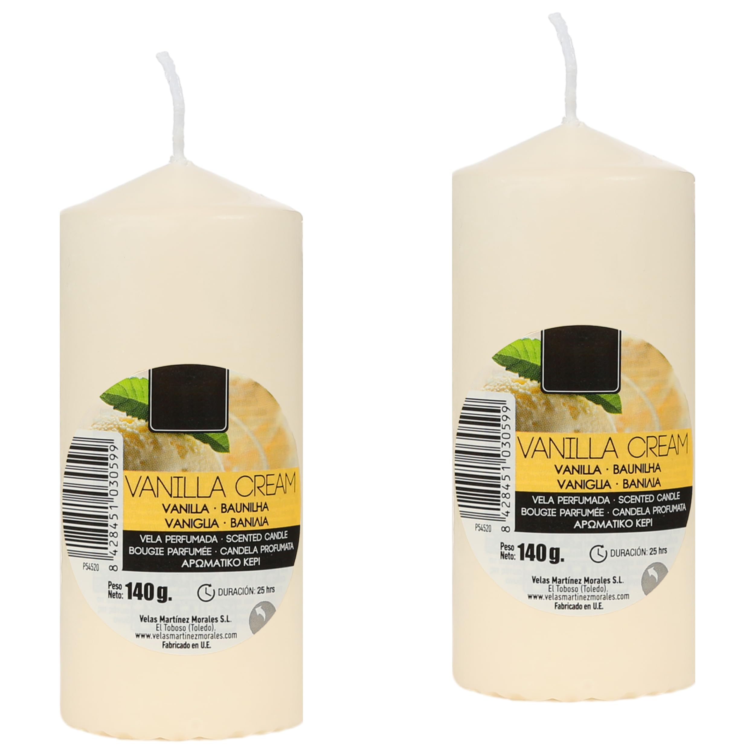 Pack de 2 Velas Aromáticas Cilíndricas Elegantes 140g, 25h Duración - Velón Taco de Cera, Decorativas y Relajantes 110x47 mm (Vainilla Cream)