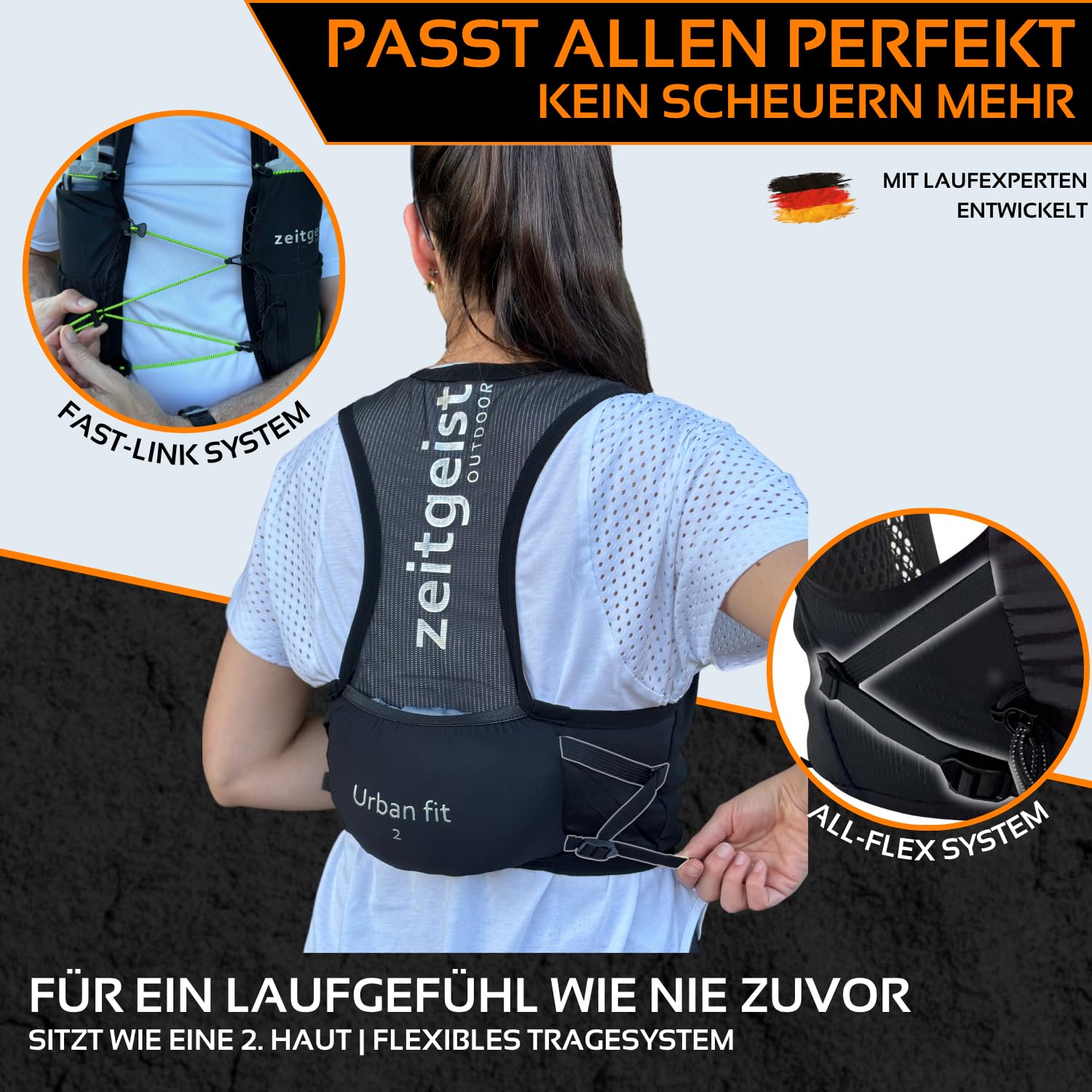 Laufweste Damen und Herren Urban fit 2L optimale Passform atmungsaktiv ultraleichter Laufrucksack 130-170gr Trinkruckack Laufen Trailrunning Rucksack