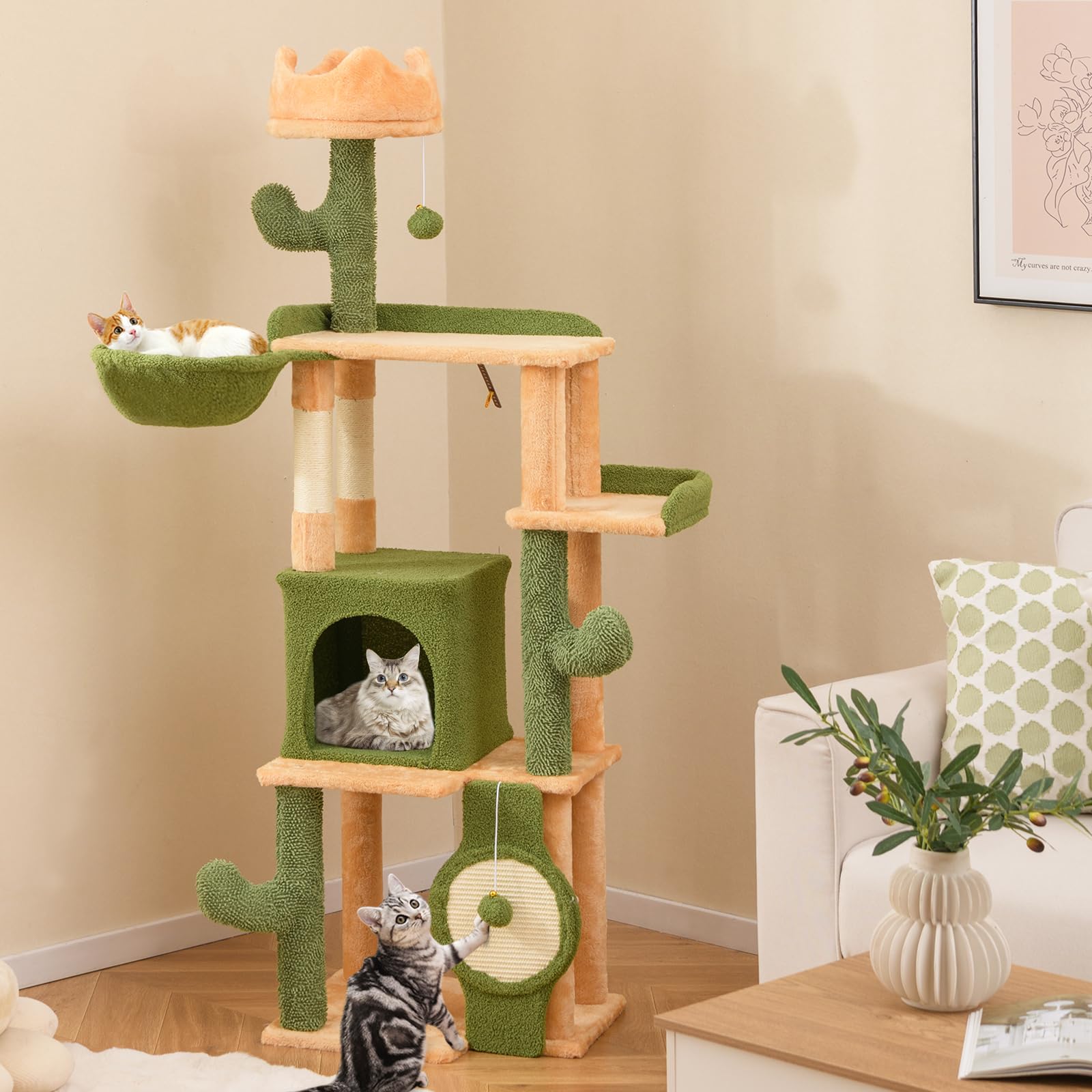 Tangkula Cactus Cat Tree, 63 Inch Multi-Level Tall Cat Tower with Sisal Scratching Posts & Board, Condo, Padded Perch, Hanging Toys, Basket Bed, Platforms, Green Cute Cat Tree for Indoor Cats