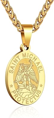 P. BLAKE Oval Saint Christopher/Michael/Joseph/Jude/Virgin Mary/Joseph/Francis/Patrick/Anthony/Benedict/Thomas Necklace for Men Women, Stainless Steel Catholic Patron Pendant with Chain 24 Inches