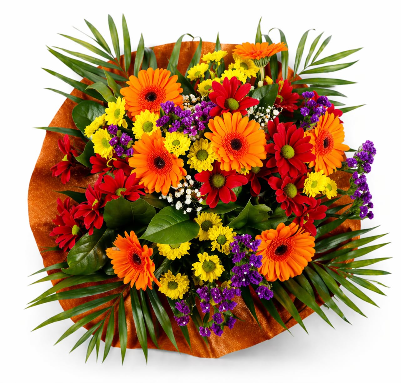 Autumn Burn Bouquet Fresh Seasonal Styling With Orange Gerberas, Mixed Yellow and Red Chrysanthemums, Purple Filler Blooms, Chocolate