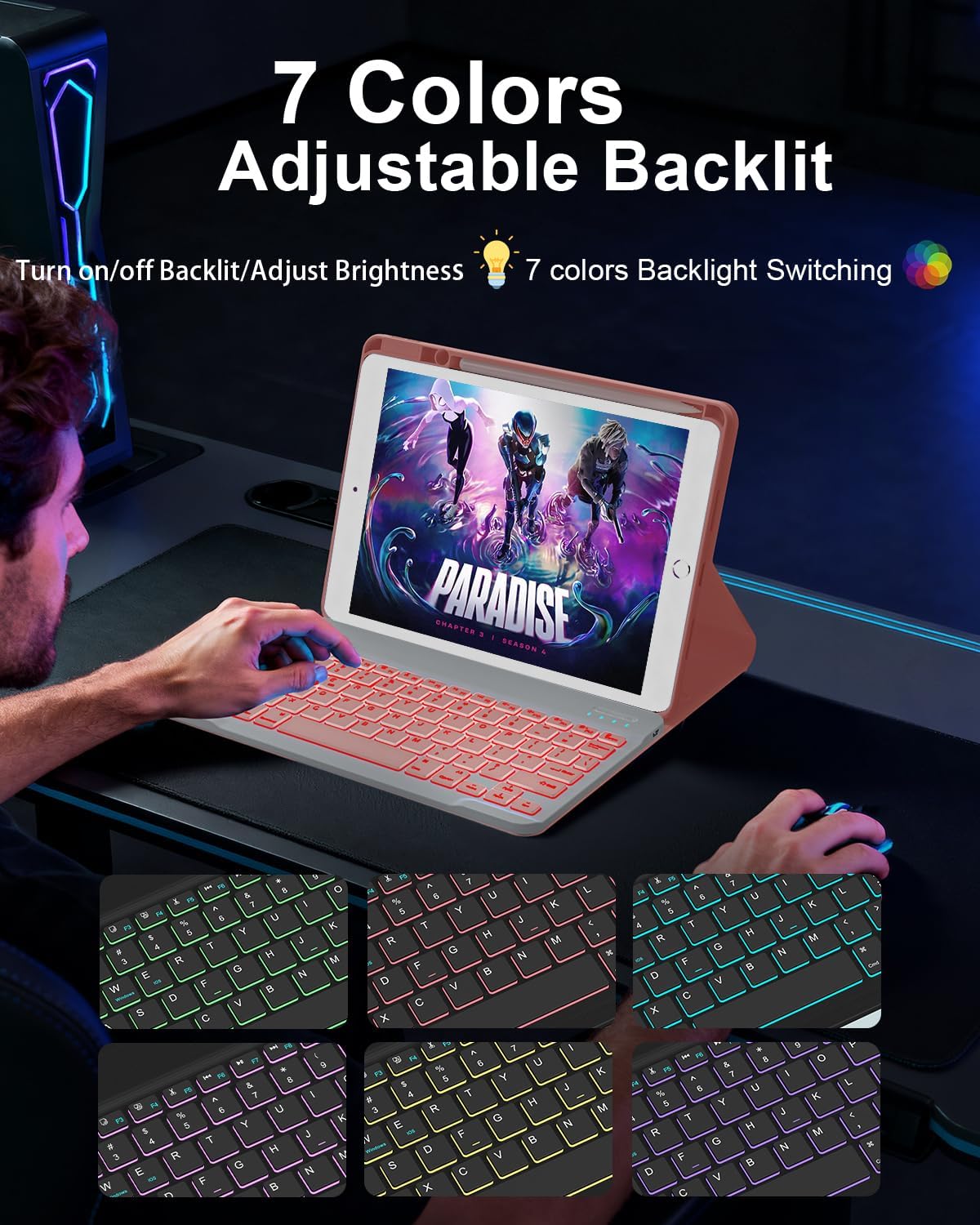 Keyboard Case for iPad 9th Gen 2021 10.2 inch with Pencil Holder, Wireless Detachable Backlit Keyboard for iPad Pro 10.5 inch / Air 3rd Gen,Slim Folio Cover for ipad 8th Gen / 7th Gen keyboard, Pink