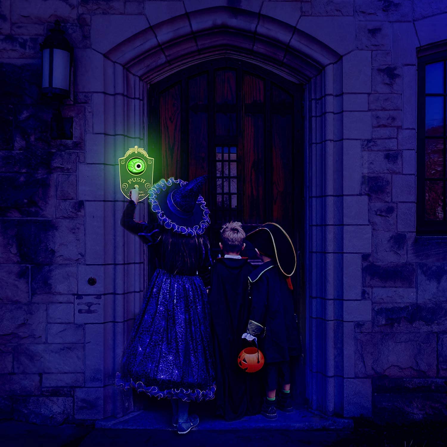 Dzwonek do drzwi, straszny dzwonek do drzwi, Halloween, animowana gałka oczna ze spooky dźwiękami, rekwizyt na Halloween