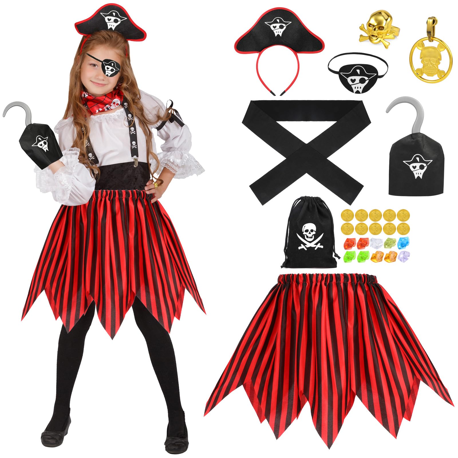 Hifot Disfraz Pirata Niña Niño,Disfraces Piratas con Accesorios Pirata Falda Pirata Parche Pirata Pendiente Cinturón Diadema Anillo Disfraz Pirata Halloween Niño Fiesta Piratas Cumpleaños