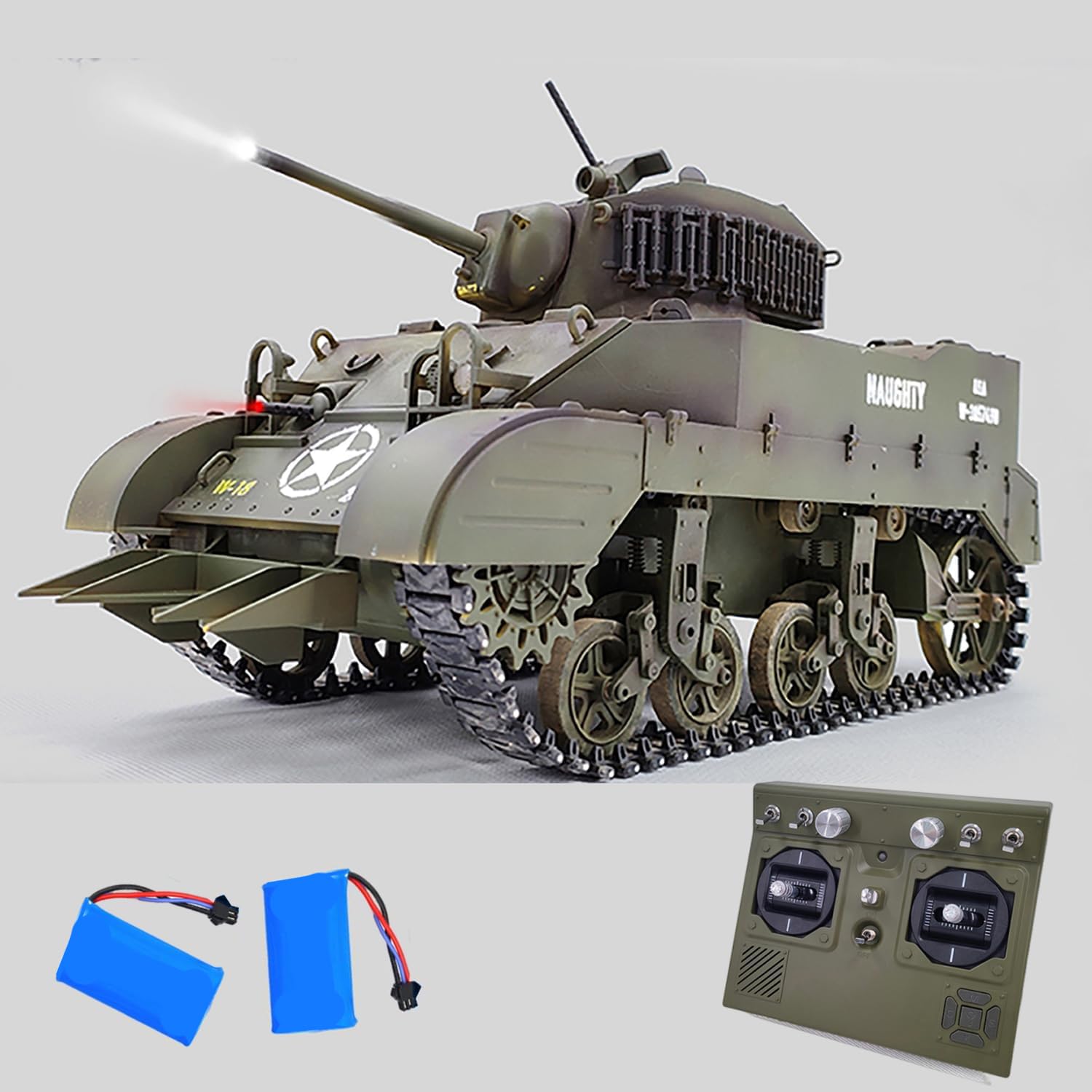 Remote Control Light Tank US M5A1 Stuart Tank 1/16 War RC Military Vehicle Simulation Smoke Barrel Lifting/Turret Rotation 360 Degrees/NO-Shooting/Collection Model / 2Batteries