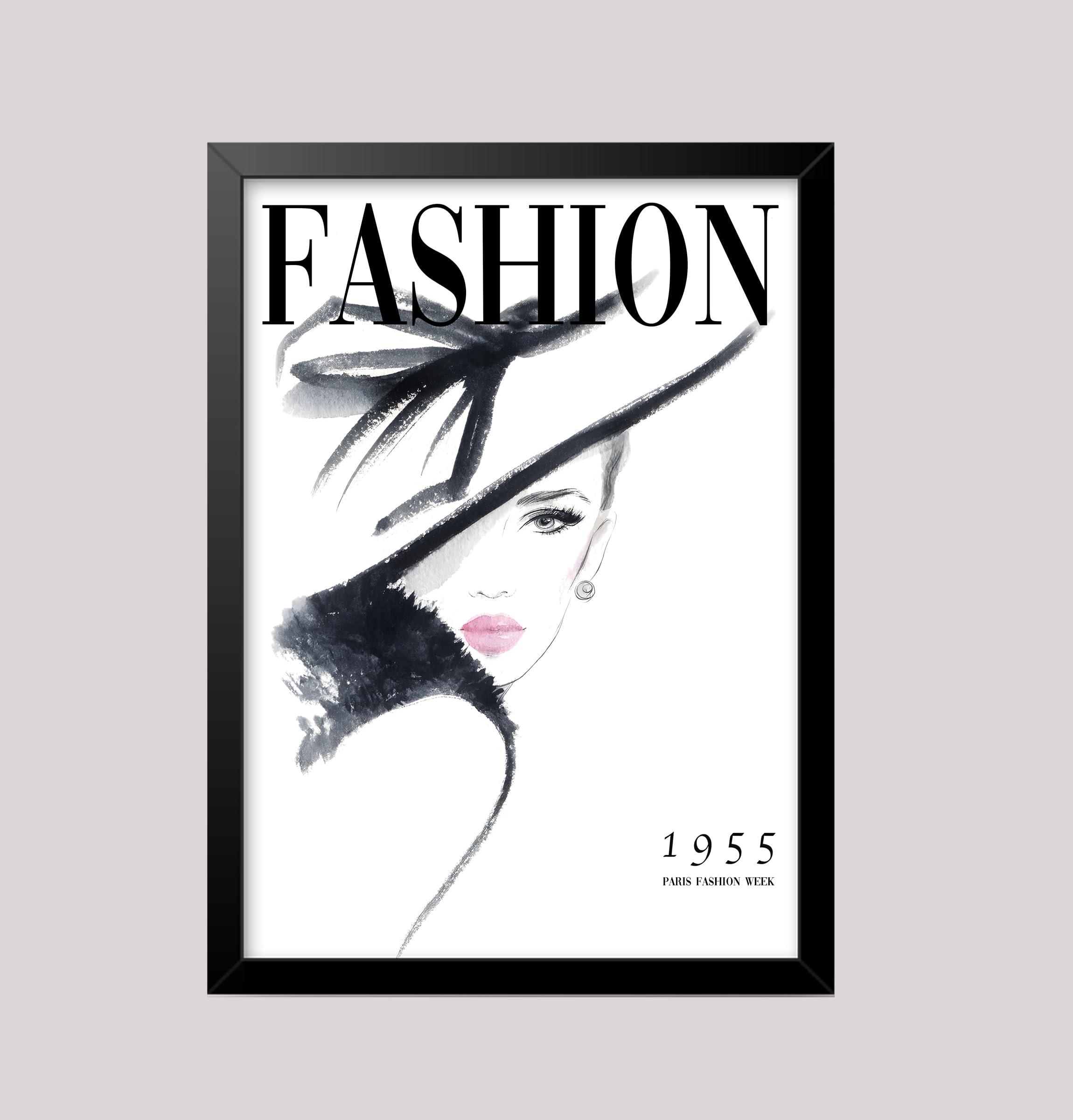 Vintage Magazine Art Cover FASHION 1955 Black White Pink Beauty wall art poster print (A3 Framed - Black Frame)