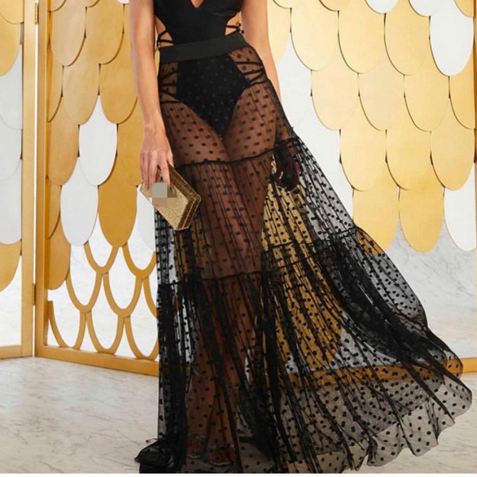 Falda larga para mujer, falda larga de malla, cintura alta, lunares, suelta, verano, playa, vacaciones, fresca y transparente, maxi falda
