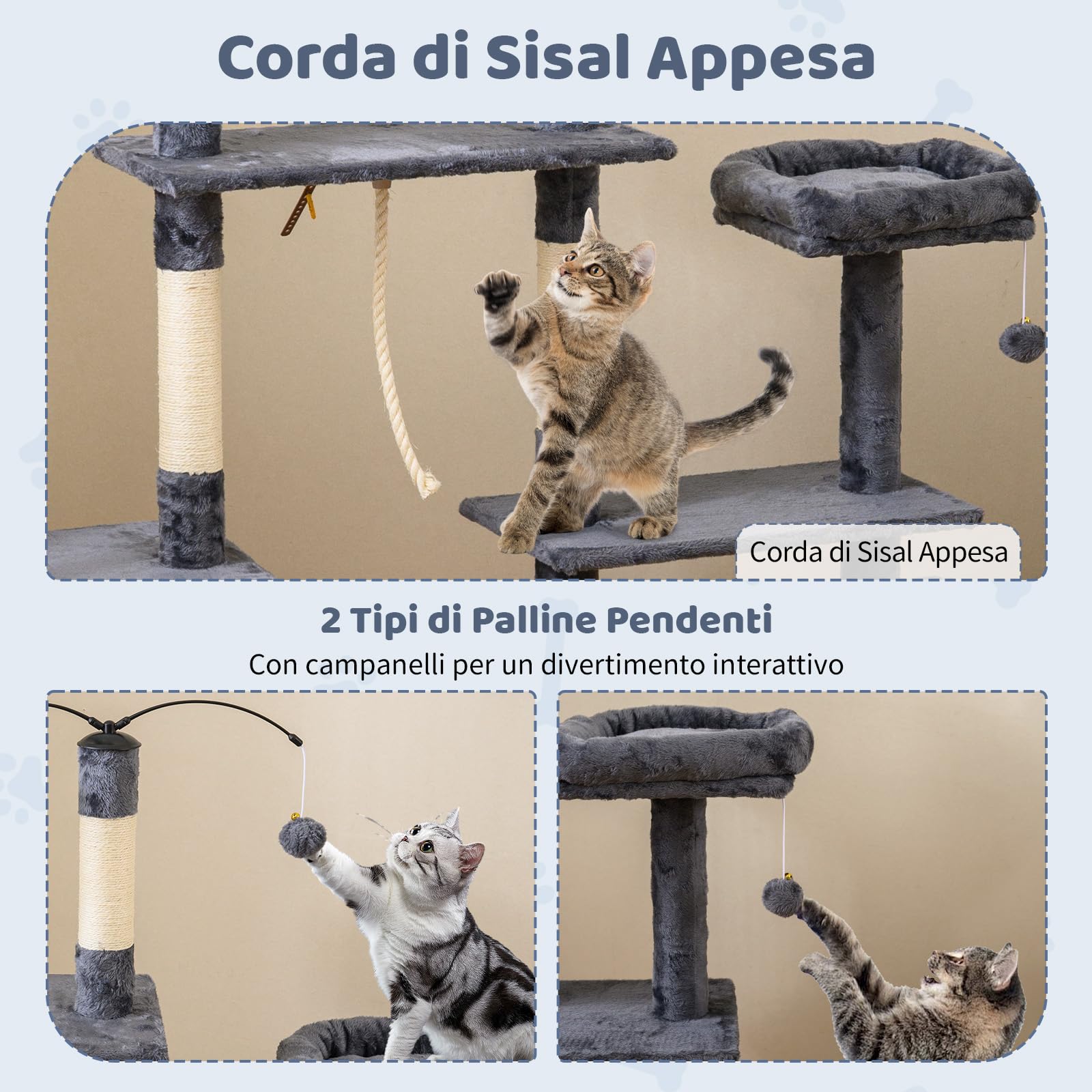 GYMAX Tiragraffi a 7 Livelli, Albero per Gatti in Legno con Casetta per Gatti e 2 Piattaforme, Albero Attività con Tronchi, Pannelli da Graffiare e Palline Gioco, Torre Tiragraffi (Grigio scuro)