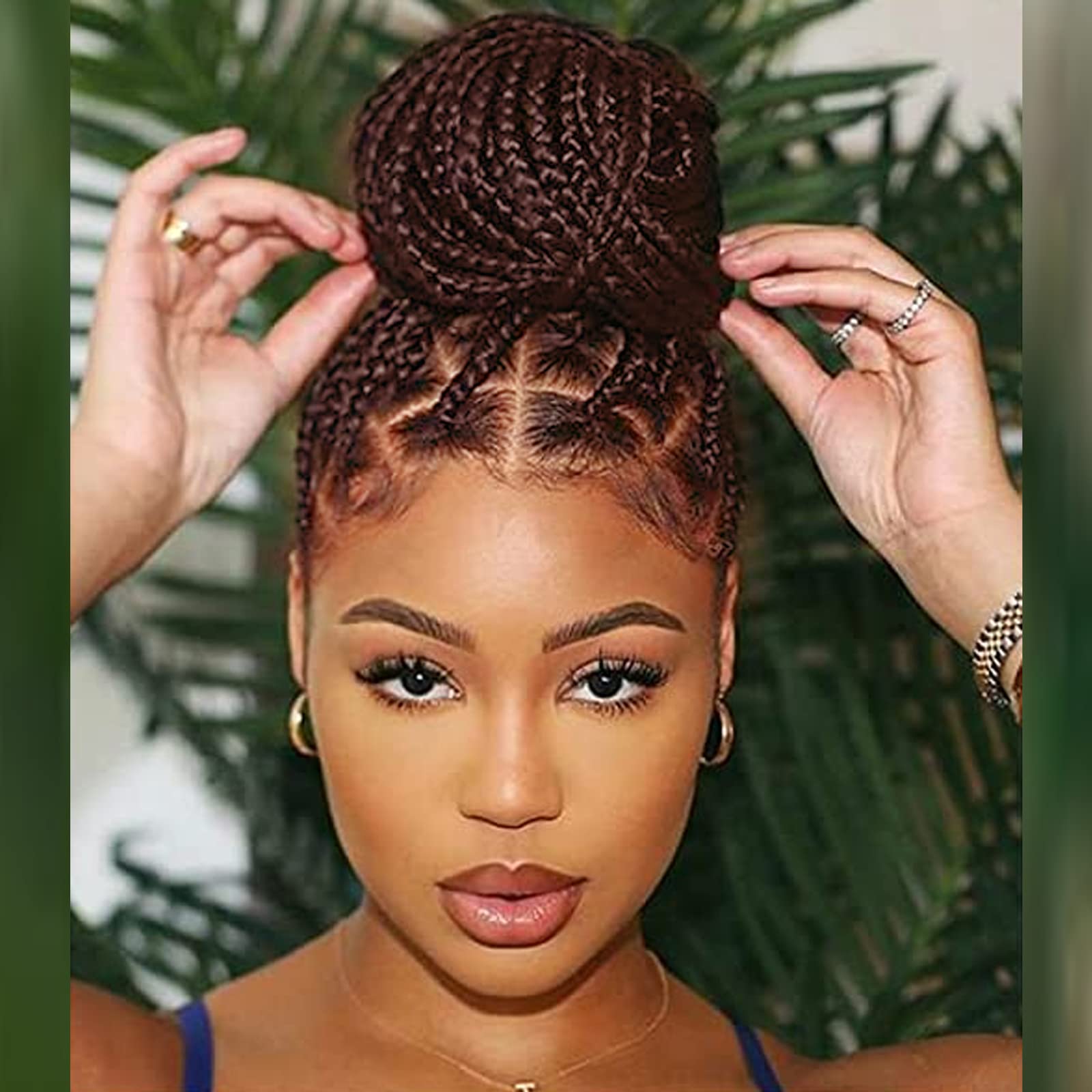 Box Braided Wigs for Black Women Brown Long Straight Synthetic Natural Looking Knotless Cornrow Braids Wig Lightweight Braiding Hair Realistic Hand Braided Synthetic Lace Front Wigs 26 Inch - Image 2