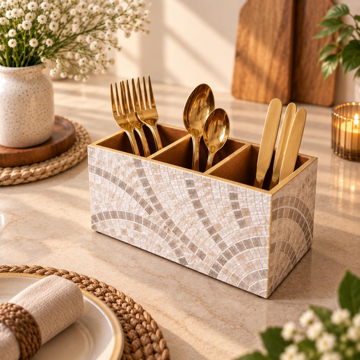 Handcrafted Cutlery Holder - 3 Compartments -14