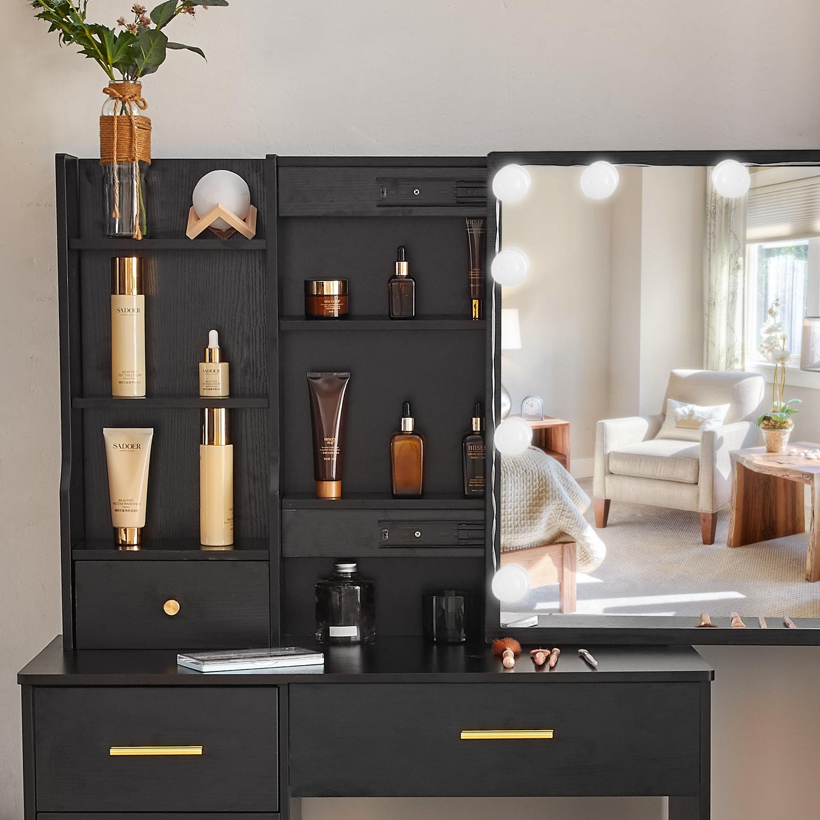 Tocador con iluminación, mesa de maquillaje con taburete para maquillaje, mesa de cosméticos con cajones y espejo, brillo ajustable, moderno, 130x80x36 cm, negro