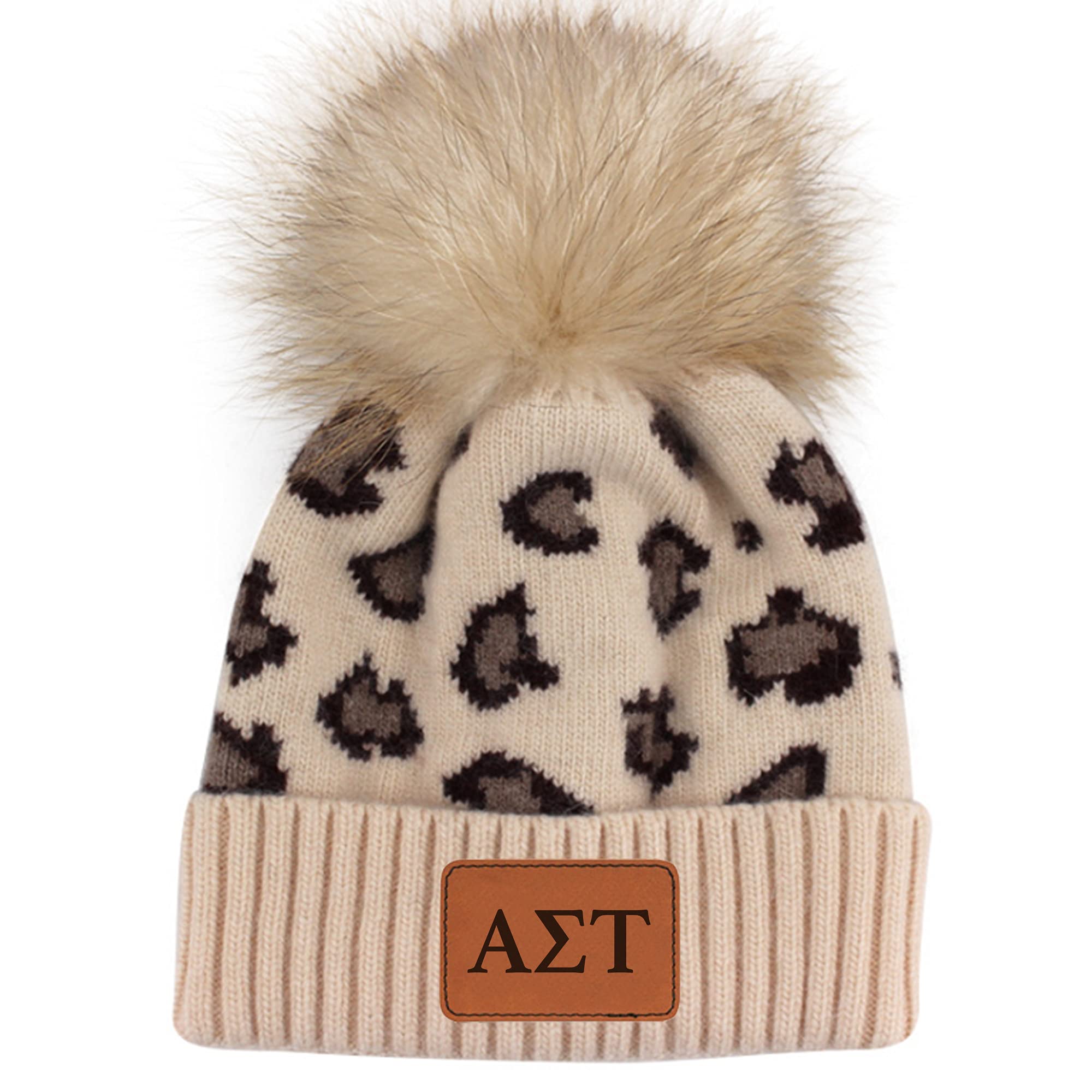 Sorority Shop - Alpha Sigma Tau Beanie Hat - Leopard Print - AST Name Patch
