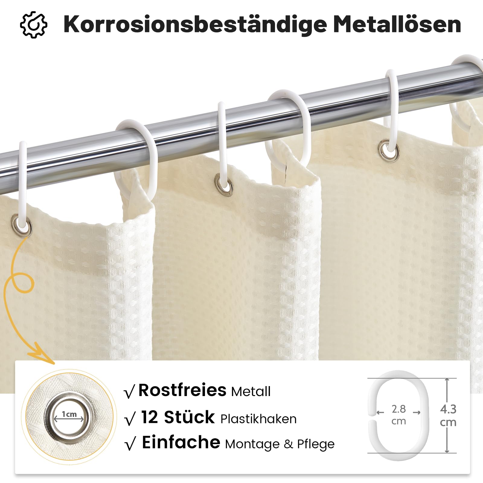 BTTN Douchegordijn, wafelpatroon, 240 x 180 cm, extra breed, binnenbekleding van waterdichte folie, met 16 kunststof haken, verzwaarde zoom, polyester, voor badkamer, crème/beige