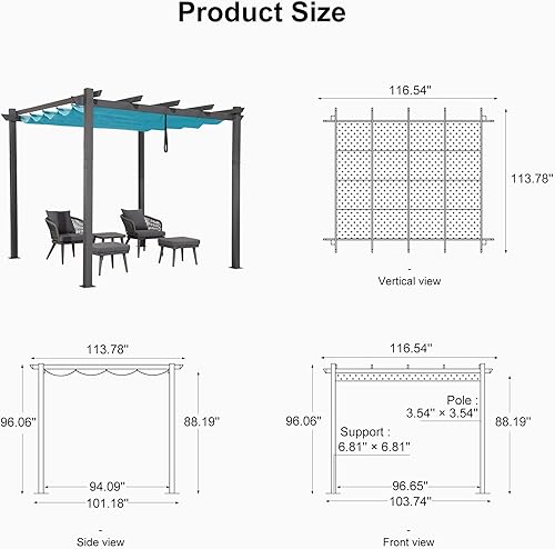 Miniatura 15 de PURPLE LEAF - Pérgola/kiosco retráctil de metal de 10 x 12 pies con toldo para exteriores, patio, jardín, porche, playa, pabellón estilo enrejado