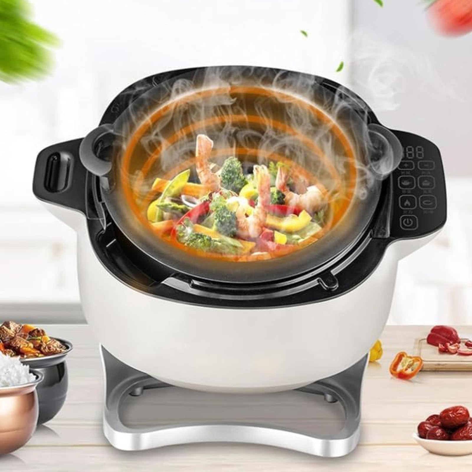Olla eléctrica con velocidades ajustables y calefacción completa para tareas de cocina versátiles
