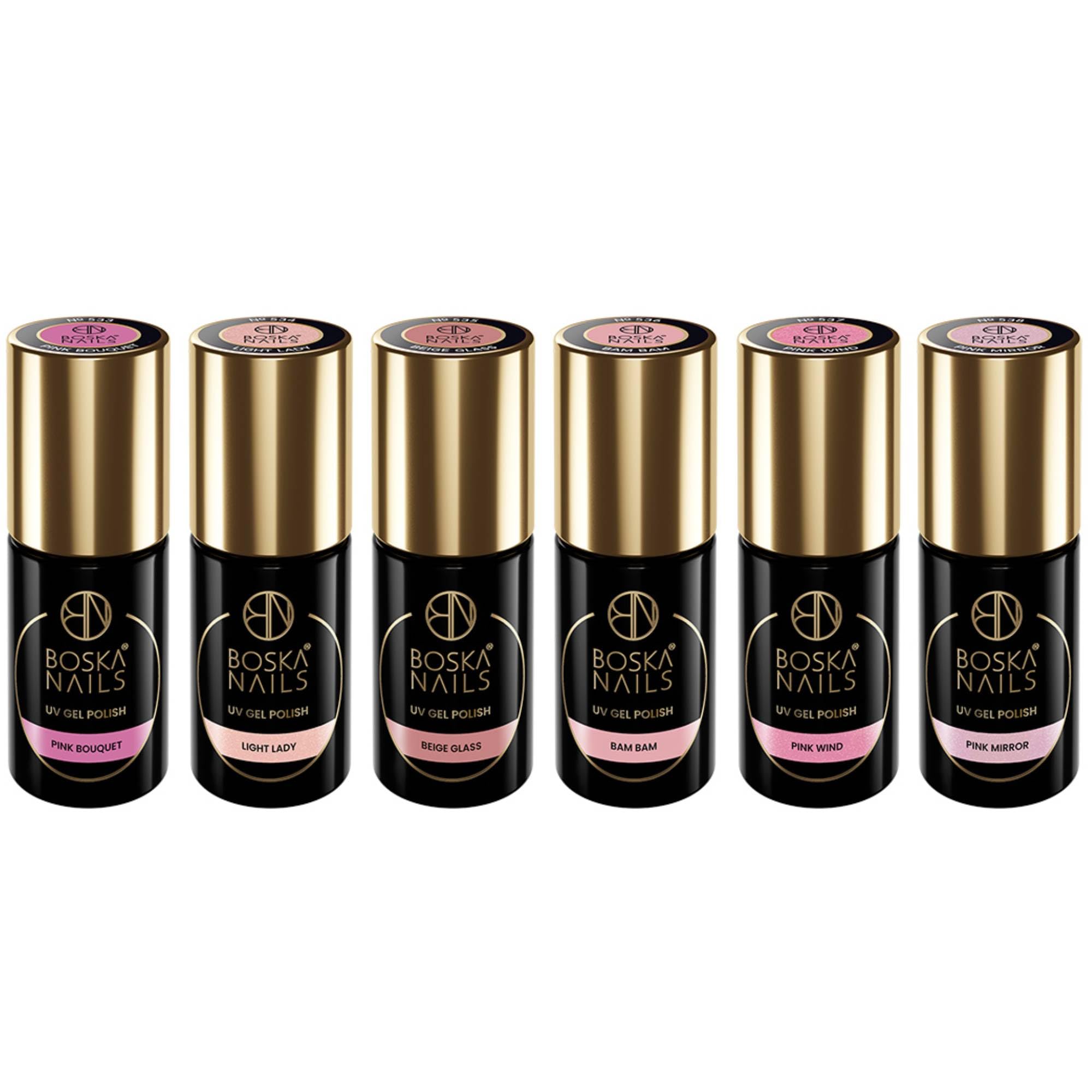 Boska Nails Kolekcja Natural Look hybrydowe lakiery do paznokci, zestaw 6 sztuk, półprzezroczyste w kolorze różowym i beżowym, do UV i LED, po 6 ml