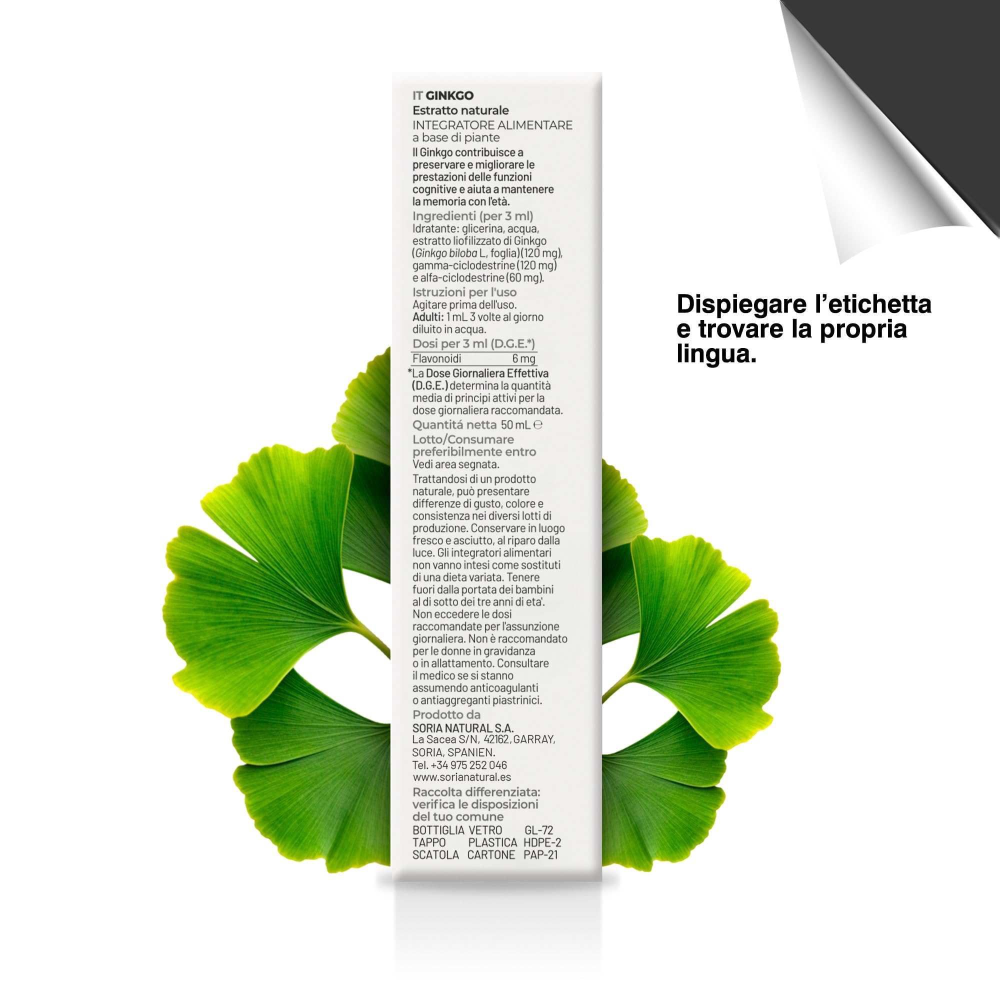 Ginkgo Biloba Integratore Estratto Naturale 50ml - Migliora Memoria, Concentrazione e Circolazione - Ginko Biloba Integratore Memoria e Concentrazione - Soria Natural
