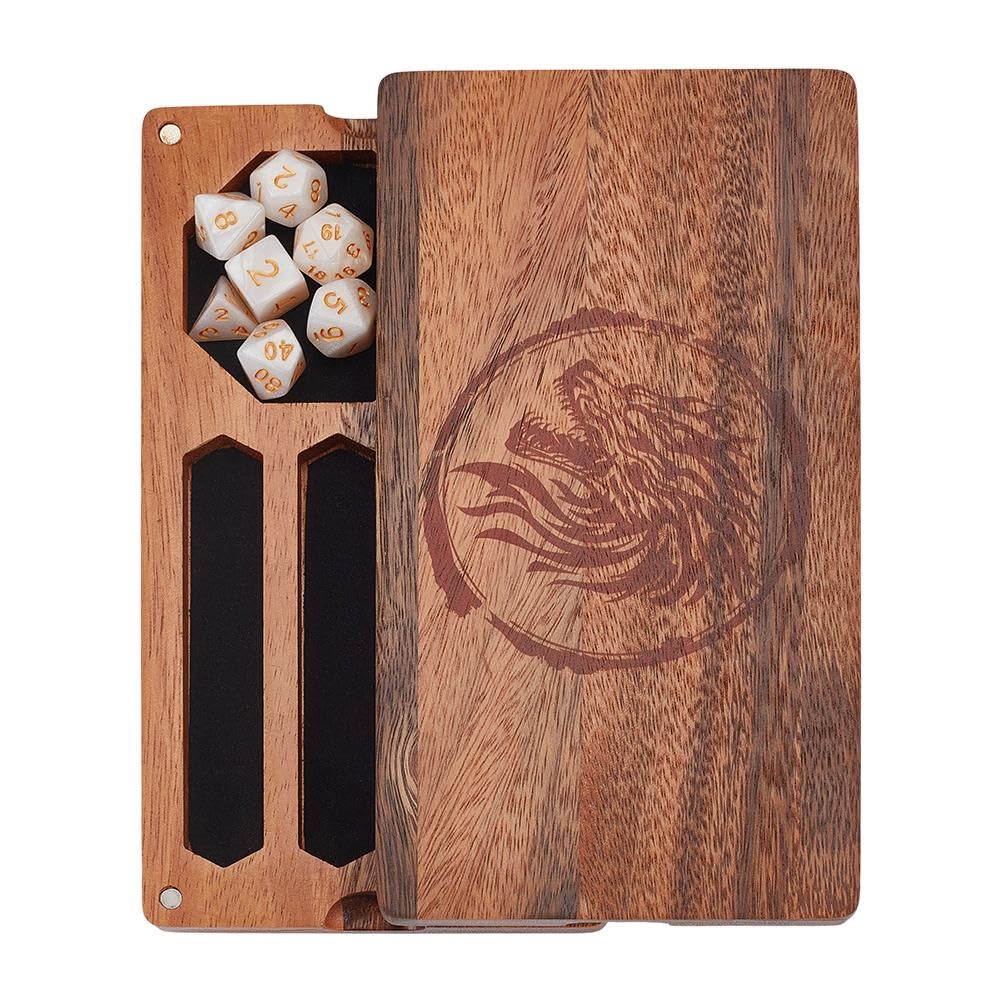 BENECREAT 22.8x12.2x4cm/9x4.8x1.6 Inch Dragon Engraved Walnut Dice Magnetic Storage Boxes, Rectangle Gaming Dice Box for Polyhedral, RPG and Tabletop Gaming, Coconut Brown