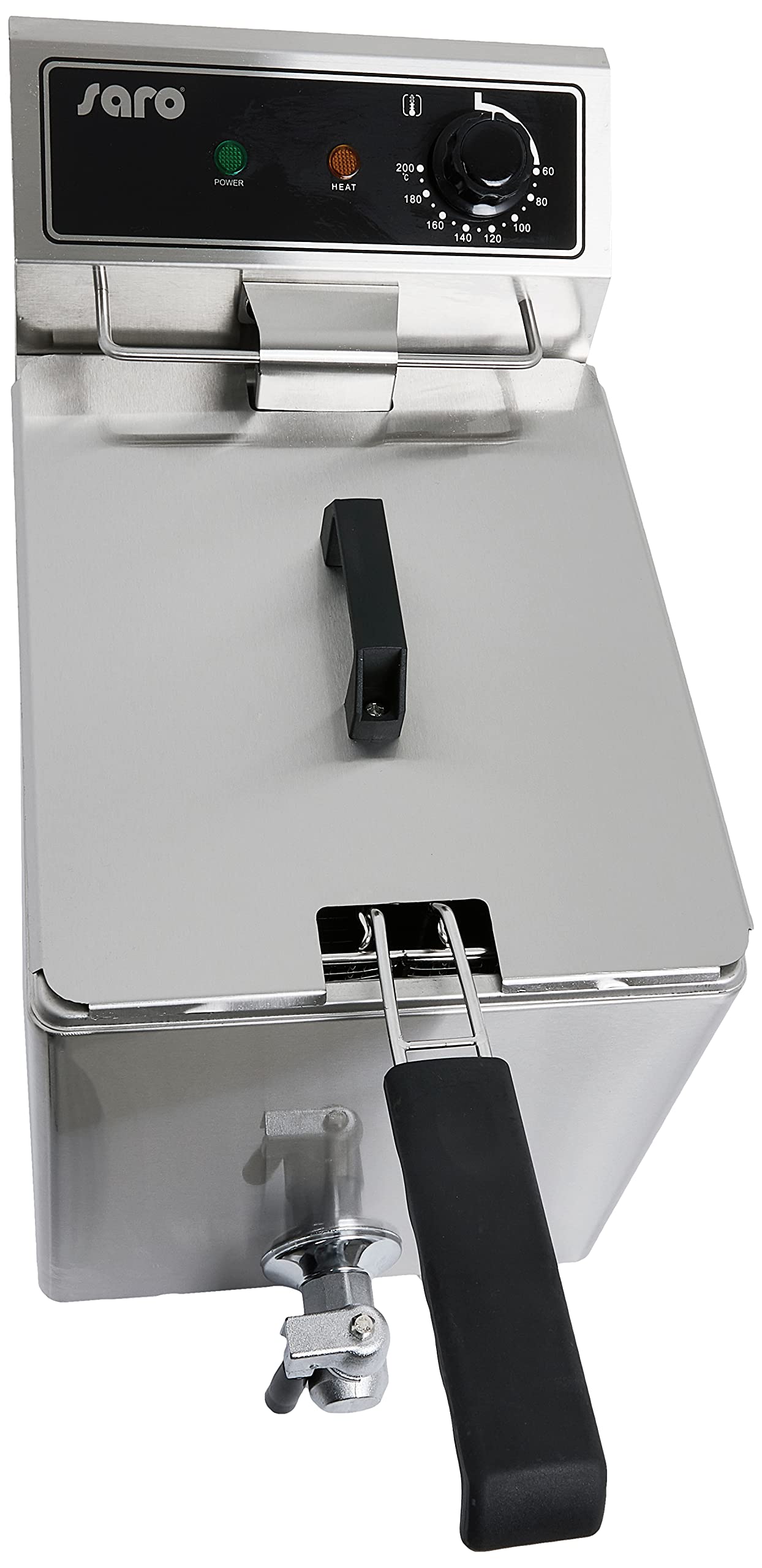 SARO Fritteuse – 8 L – Edelstahl – Temperatur 60–200 °C – Ablasshahn – Kältezone – Herausnehmbares Heizelement – Sicherheitsthermostat – 3 kW – Modell EF 8