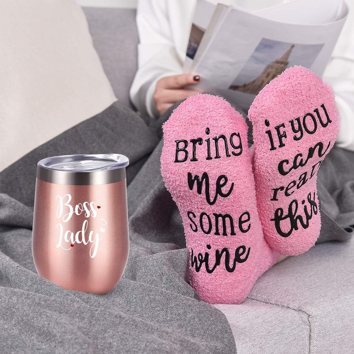 Up To 40% OFF Boss Lady Wine Tumbler Cupcake Wine Socks Set, Bosses Day Christmas Gifts for Women Boss Mom Female Friends, Insulated Stainless Steel WineTumbler with Lid, Socks, Opener, Stopper (12 oz, Rose Gold)