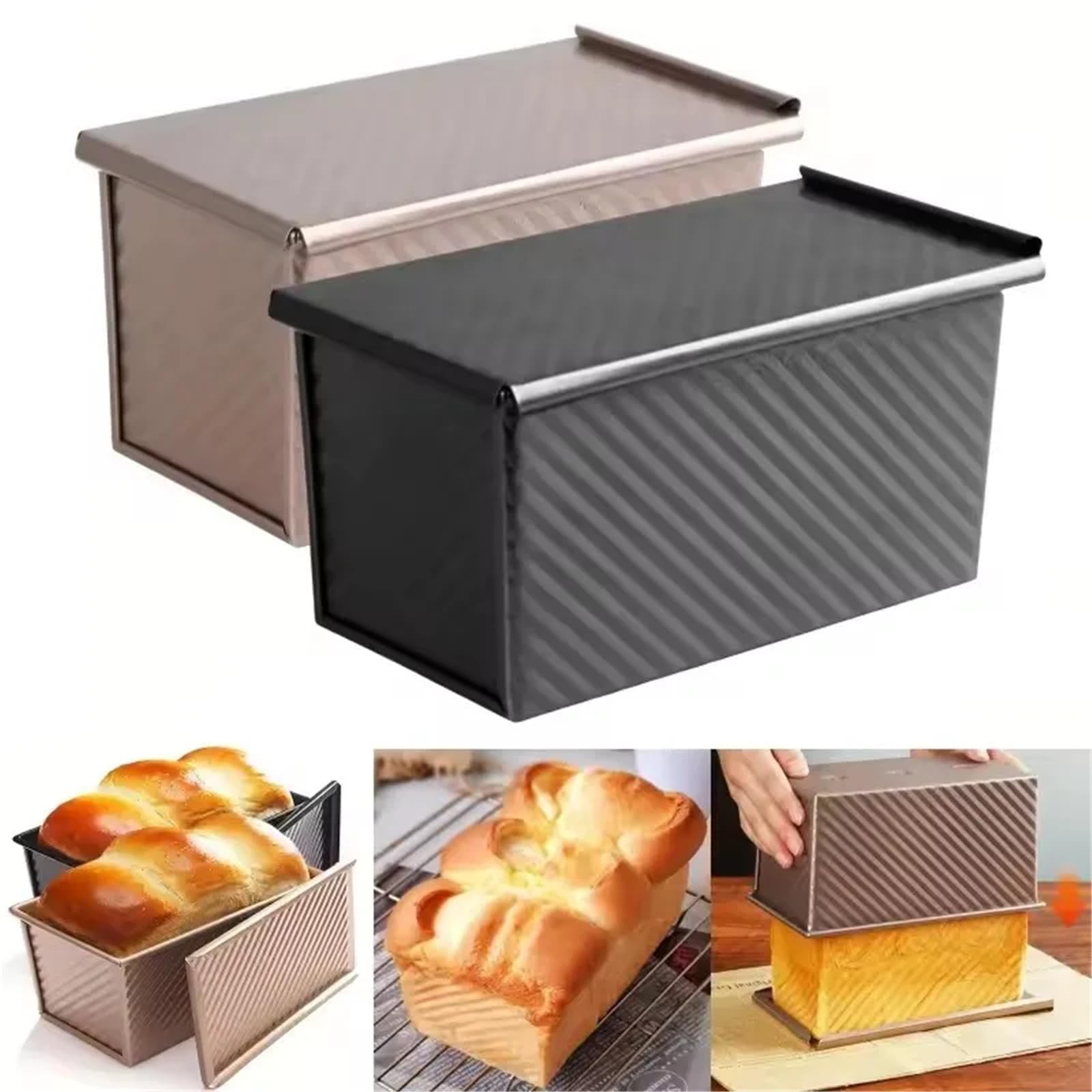 Molde for pan tostado rectangular antiadherente con tapa | Molde de pan de acero al carbono corrugado for hornear en horno.(Gold with lid)