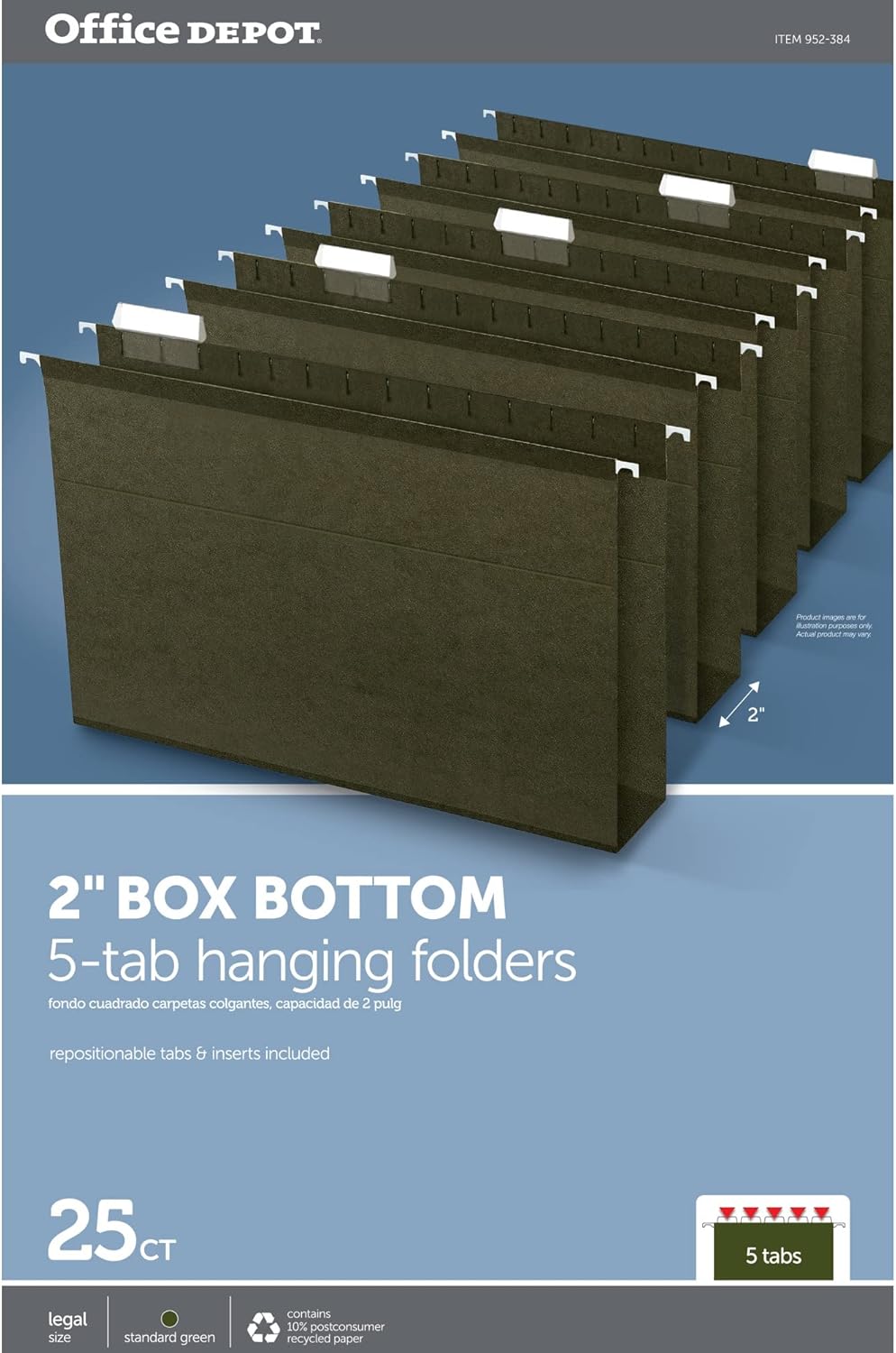 Office Depot Box Bottom Hanging File Folders, 2in. Expansion, Legal Size, Standard Green, Pack of 25, 406090OD