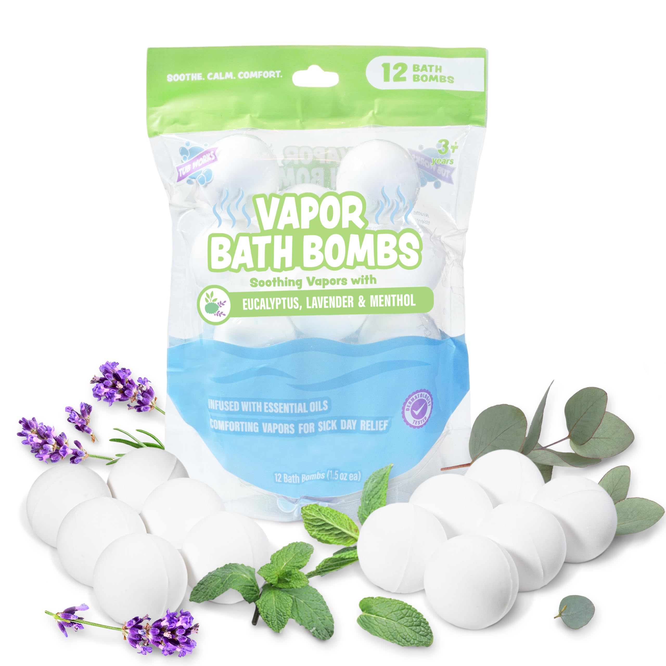 Tub Works® Vapor Bath Bombs for Toddlers & Kids, 12 Pack | Natural Essential Oils for Aromatherapy | Calming Eucalyptus Bath Bomb with Lavender &