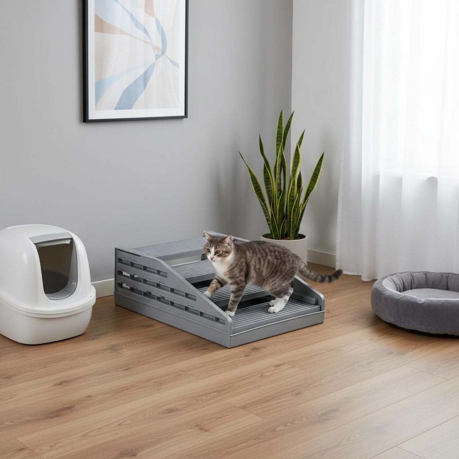 Qianly Litter Control Pad Tapete para Gatos con Rampa Arena Alfombra para Arenero con Malla y Bandeja para Recoger Antideslizante y Reutilizable, Amarillo