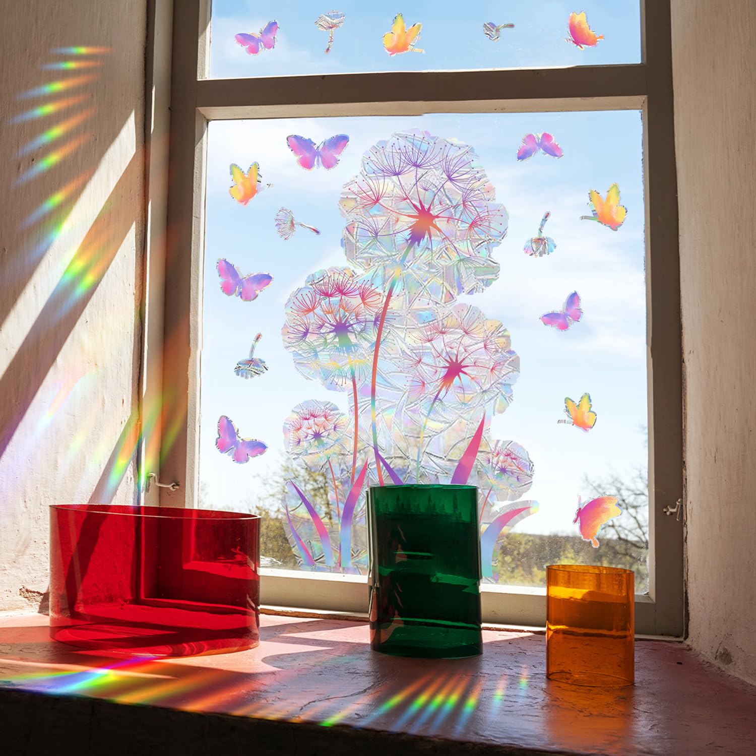 WandSticker4U®- Prisma Pegatinas ventanas primavera flores DIENTE de LEÓN colores (49x56 cm) I Vinilo ventanas flores plantas I Decoración ventana salón dormitorio infantil verano (no adhesivo)