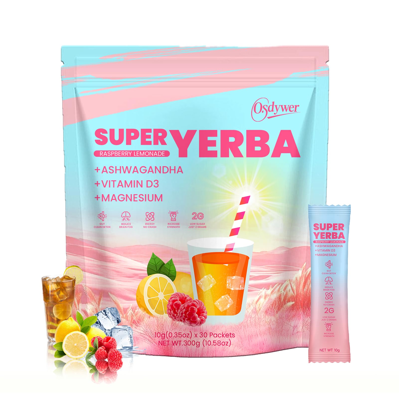 Super Yerba Mate, Yerba Mate Instant Tea Powder, RASPBERRY LEMONADE Flavor, Mate Tea Supplements with Prebiotics and Probiotics - 30 Servings (1)