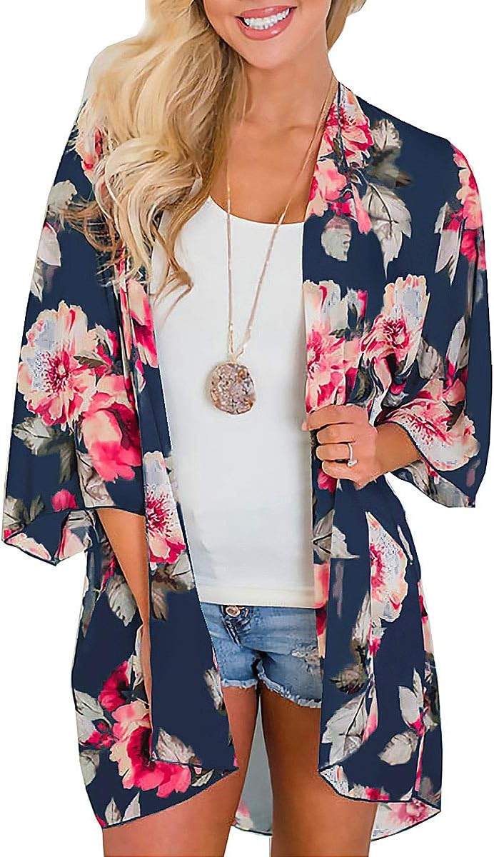 YONHEEWomen's Chiffon Tassel Beachwear - Floral Kaftan Swimsuit Cover Up Chiffon Tassel Summer Casual Swimwear Bikini Beach Dress