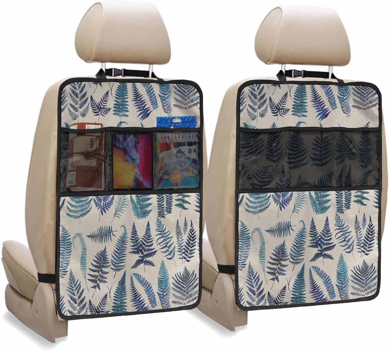 T&H XHome Car Seat Protector, 2 Pack Kick Mats with Organizer - 3 Pocket Storage, Summer Tropical Blue Leaves Beige Texture Back Seat Cover for Kids Universal Fit Automotive Interior Protectors