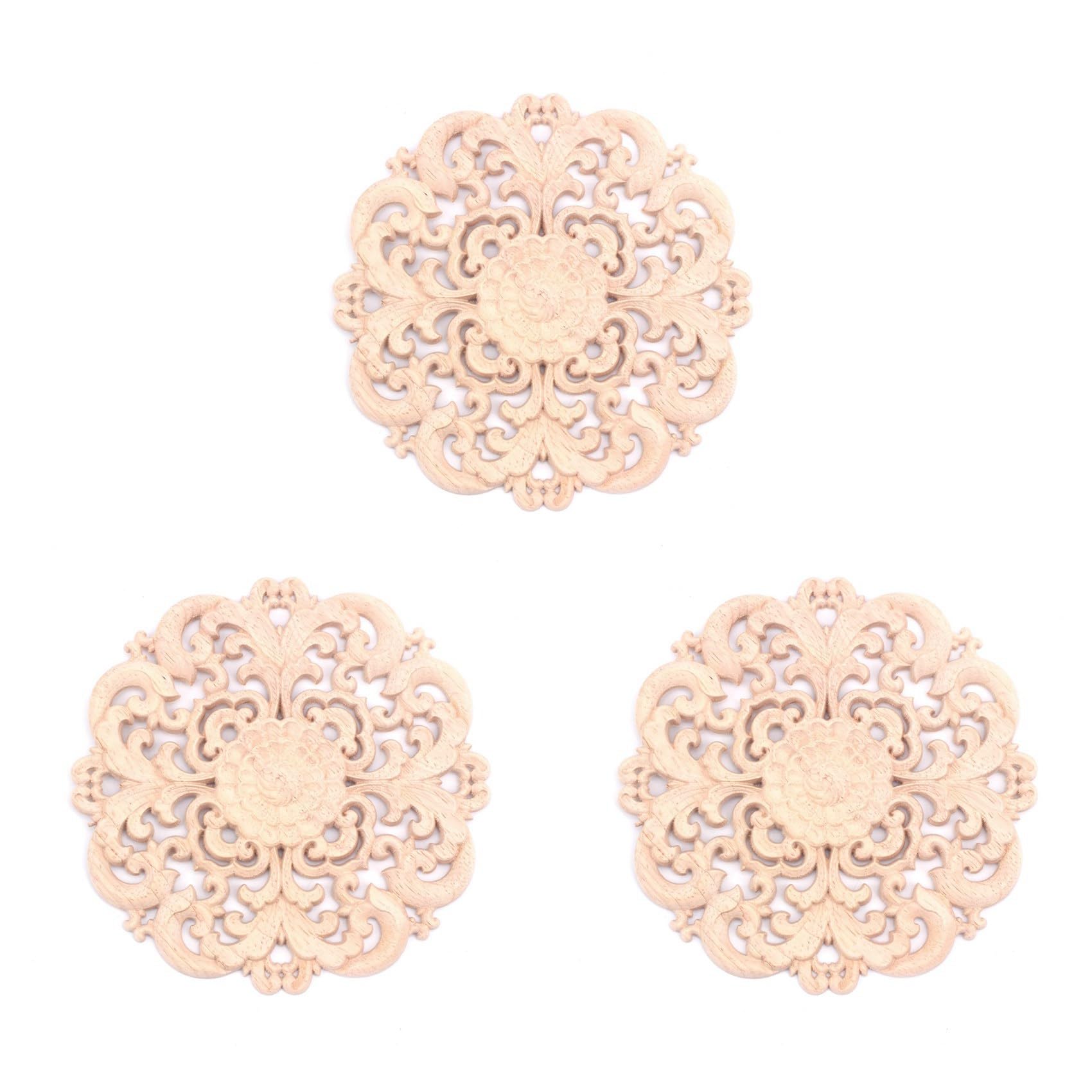 Vjsujehgy 3X Rubber Wood Carved Long Applique Unpainted Flower Walls Cabinets Door Decor Wood Color