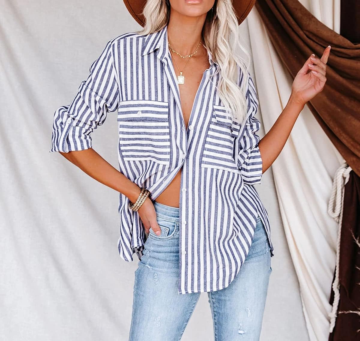 R.Vivimos Women's Fall Cotton Long Sleeves Roll Up Striped Casual V Neck Button Down Shirts Blouses at  Women’s Clothing store