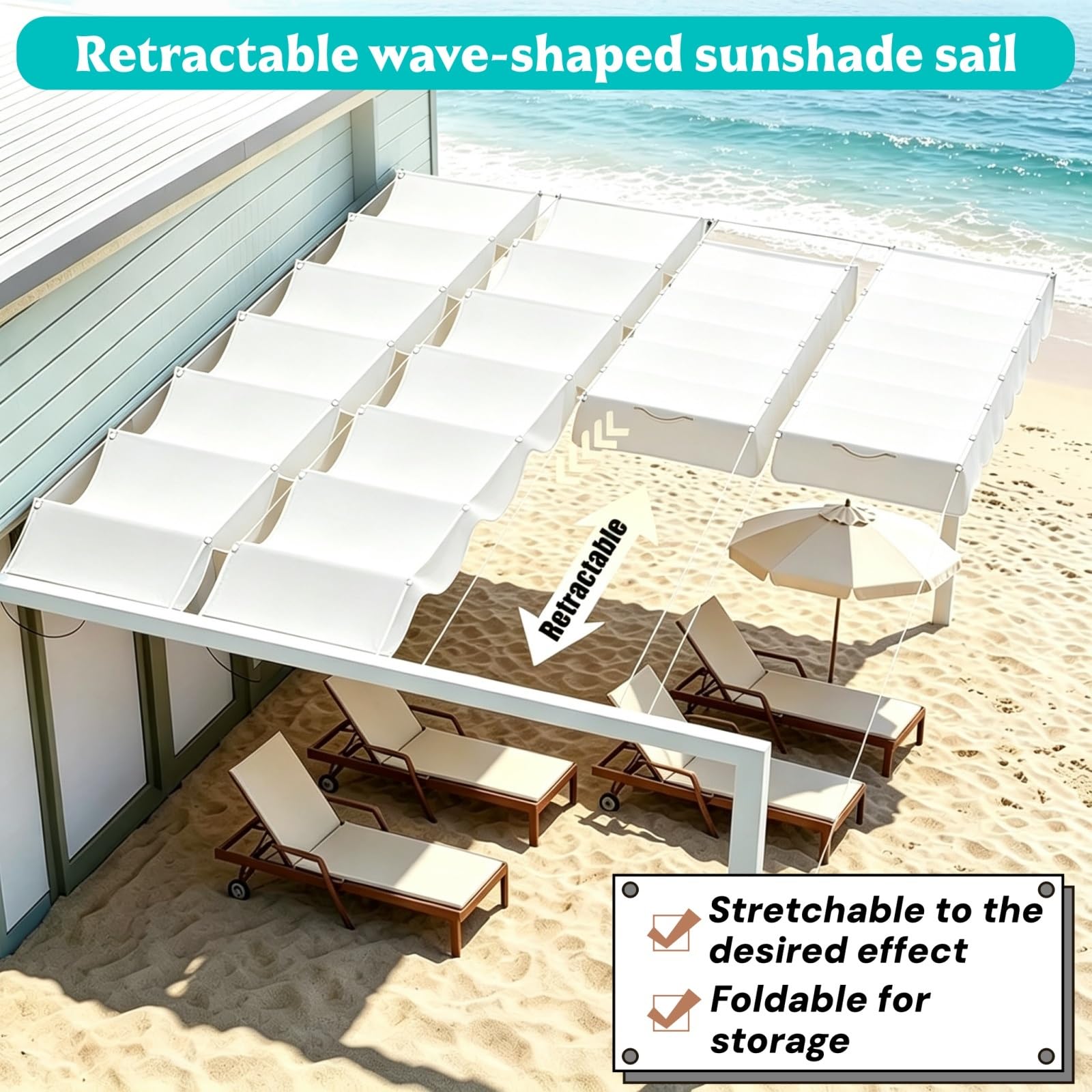 Uv-Beständig Markise Anwendbar 145 x 420 cm Wasserdicht, 98% Uv-Schutz Markise Reißfest Verstellbares Sonnensegel mit Zugseil & Ösen für Terrasse, Pergola, Garten, Weiß