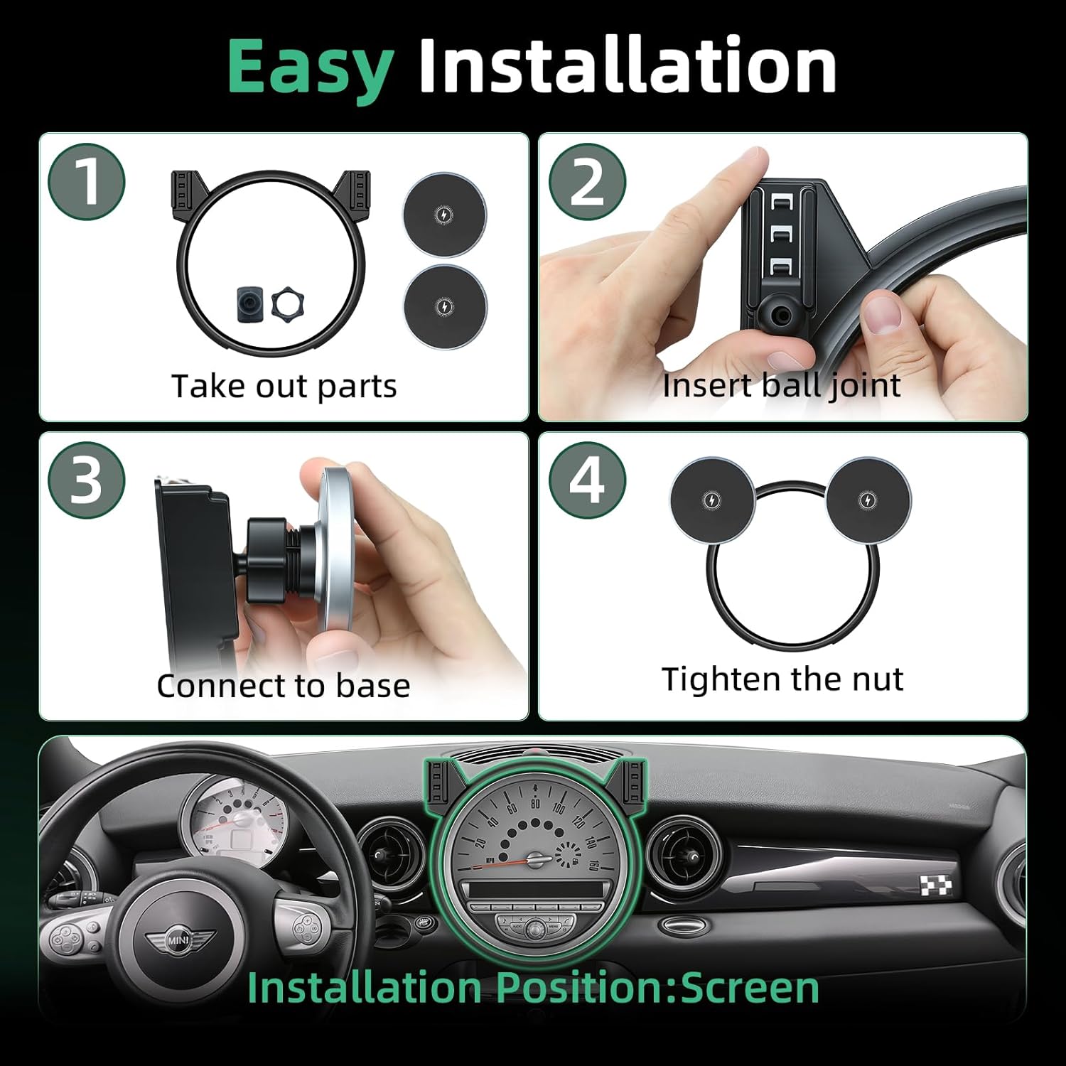 Phone Mount for BMW Mini Cooper (2007-2012 2013), Magnetic iPhone Holder, Magsafe Car Mount Charger, Cell Phone Automobile Cradles, 2PC 15W Wireless Car Charger, Hands Free, 360°, 2011 Car Accessories