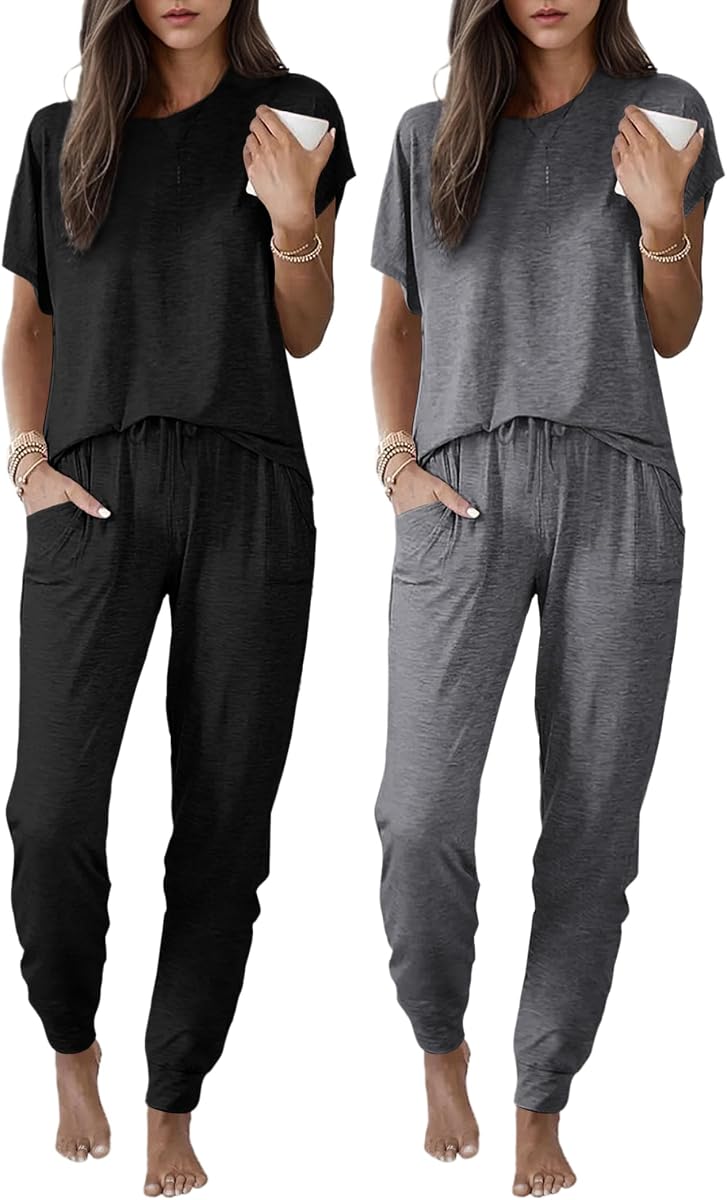 2 Pack Womens Pajama Short Sleeve Jogger Pants Pjs Lounge Set